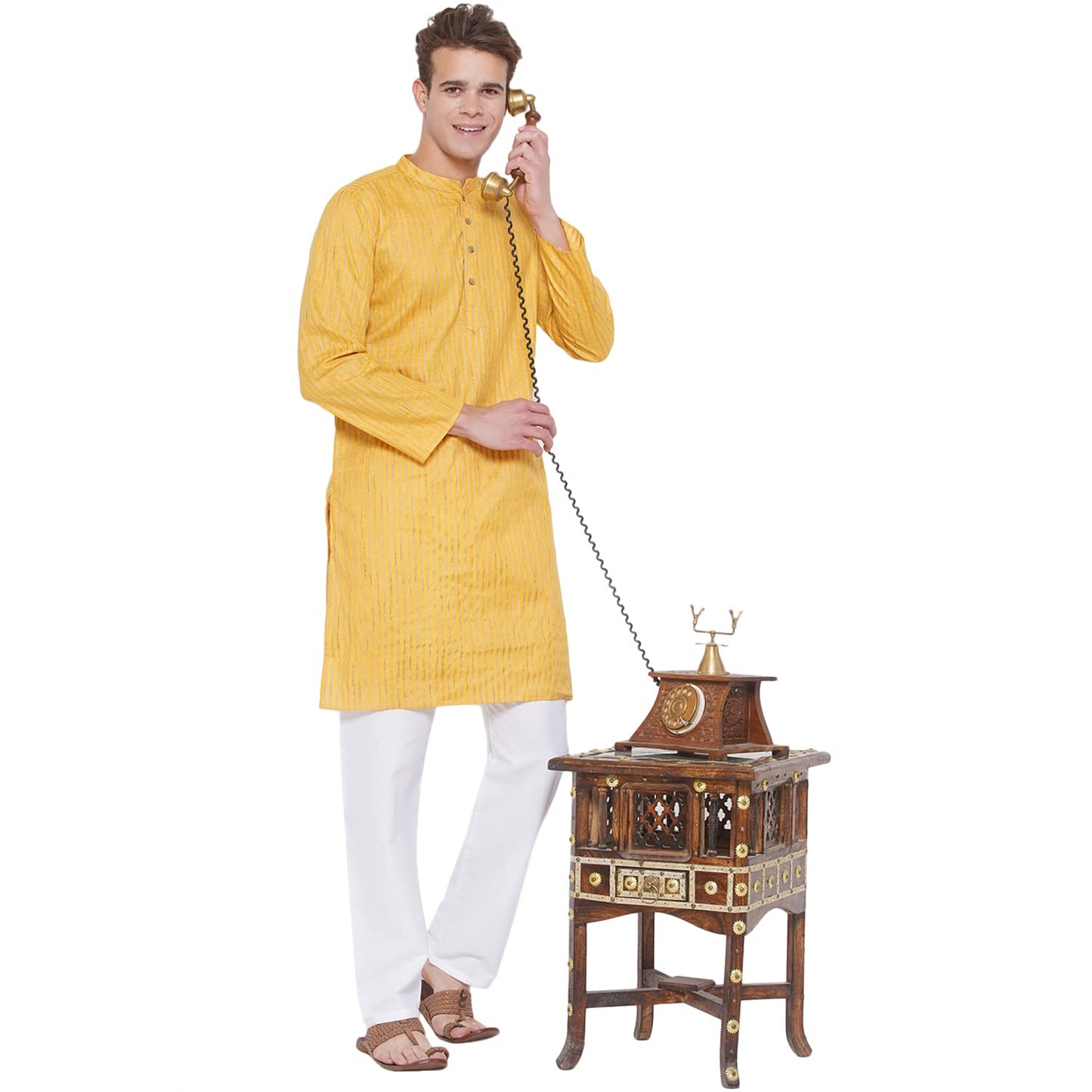 Vastraa Fusion Long Kurta For Men - South Cotton Golden Line Pattern Kurta