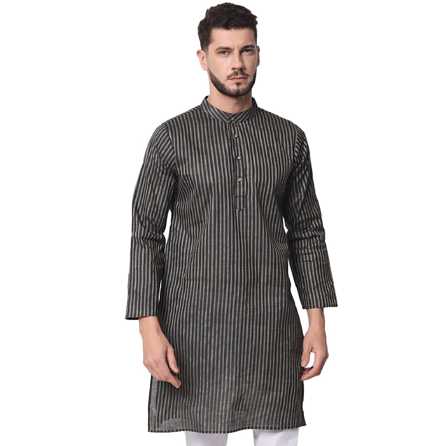 Vastraa Fusion Long Kurta For Men - South Cotton Golden Line Pattern Kurta