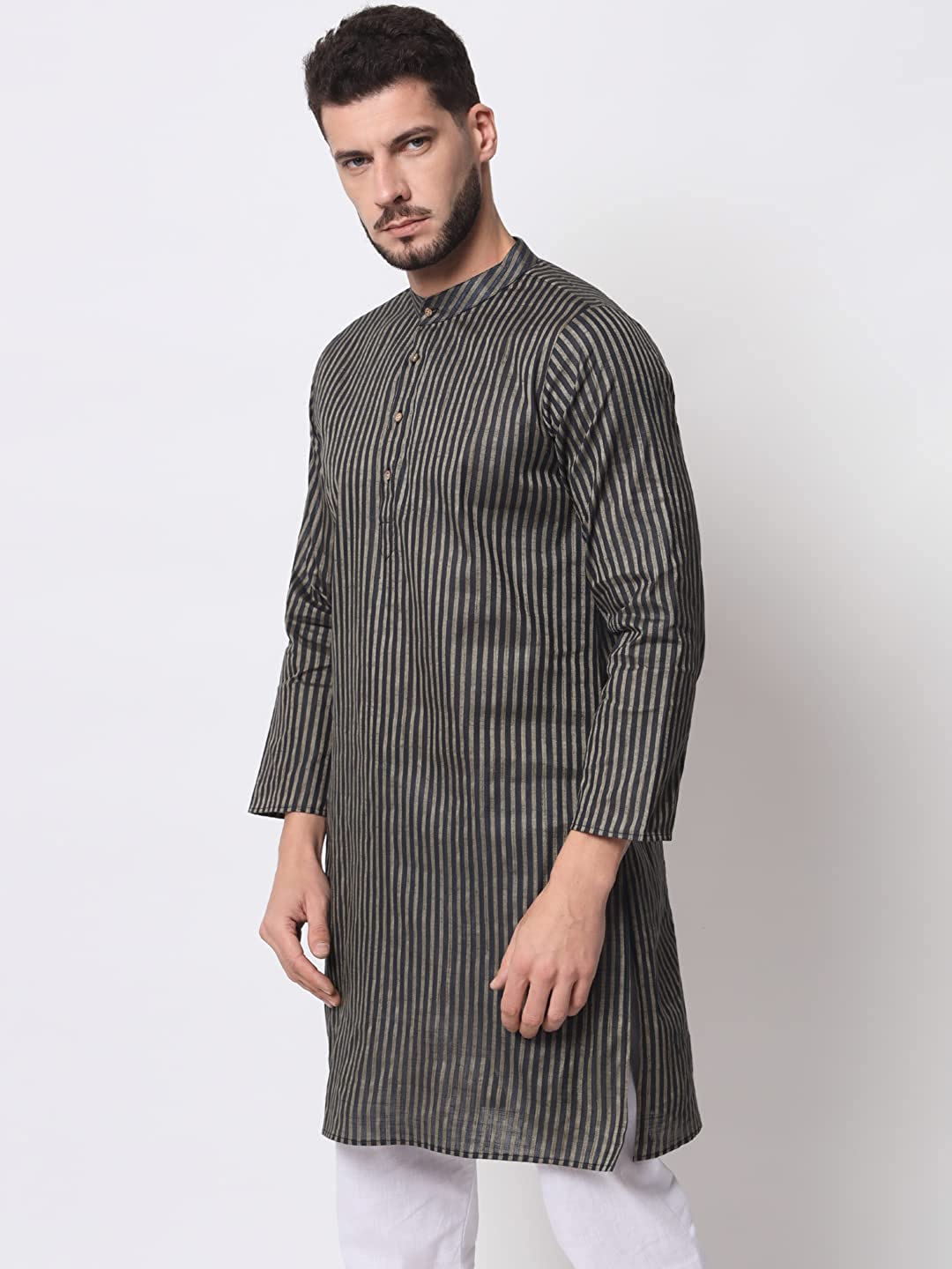 Vastraa Fusion Long Kurta For Men - South Cotton Golden Line Pattern Kurta