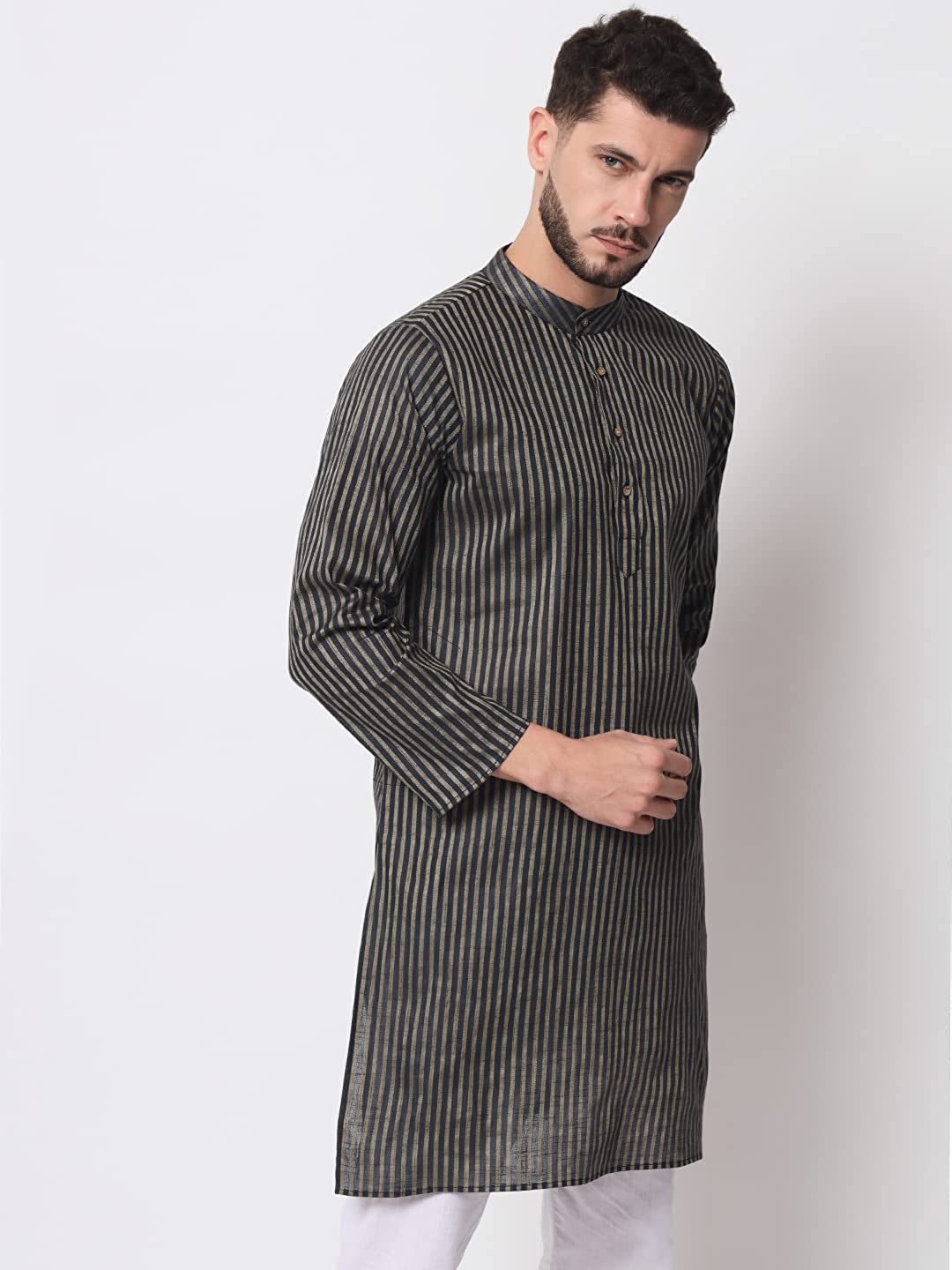 Vastraa Fusion Long Kurta For Men - South Cotton Golden Line Pattern Kurta