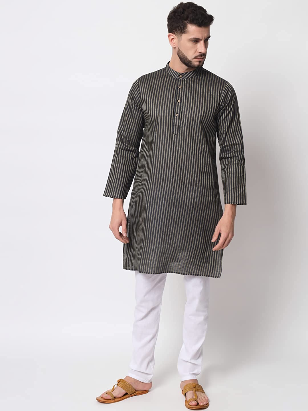 Vastraa Fusion Long Kurta For Men - South Cotton Golden Line Pattern Kurta