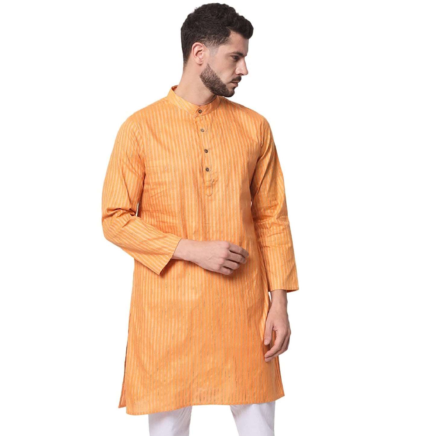 Vastraa Fusion Long Kurta For Men - South Cotton Golden Line Pattern Kurta