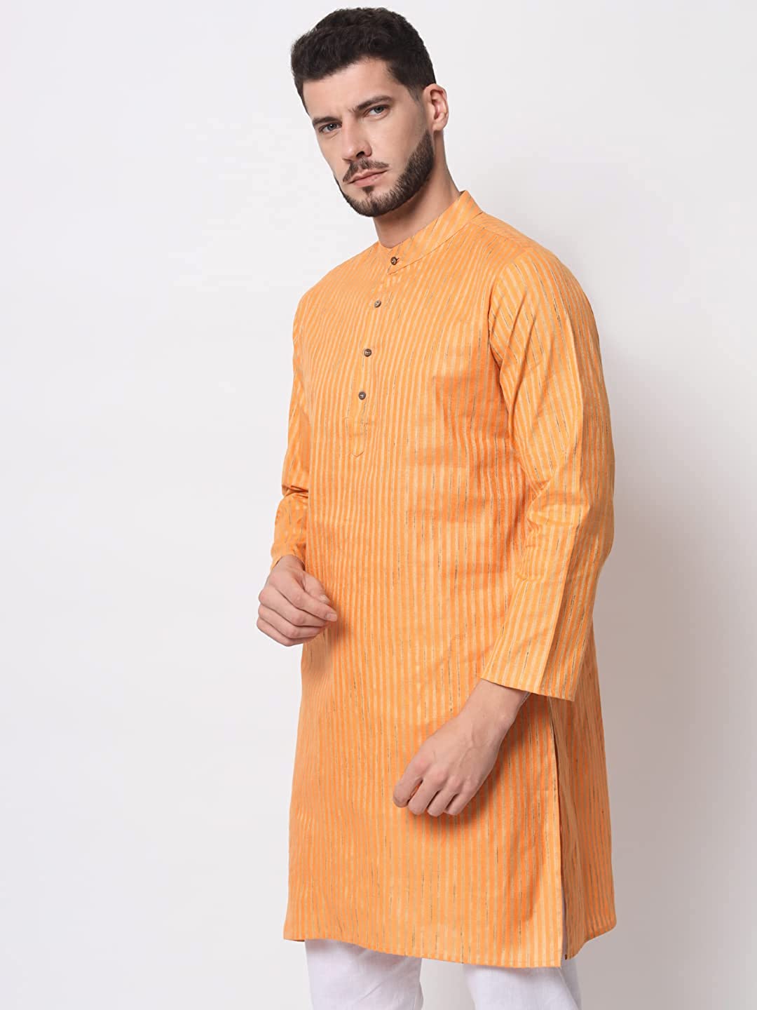 Vastraa Fusion Long Kurta For Men - South Cotton Golden Line Pattern Kurta