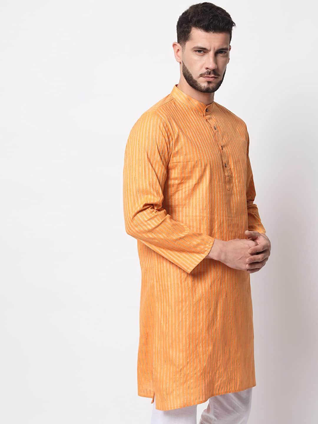 Vastraa Fusion Long Kurta For Men - South Cotton Golden Line Pattern Kurta