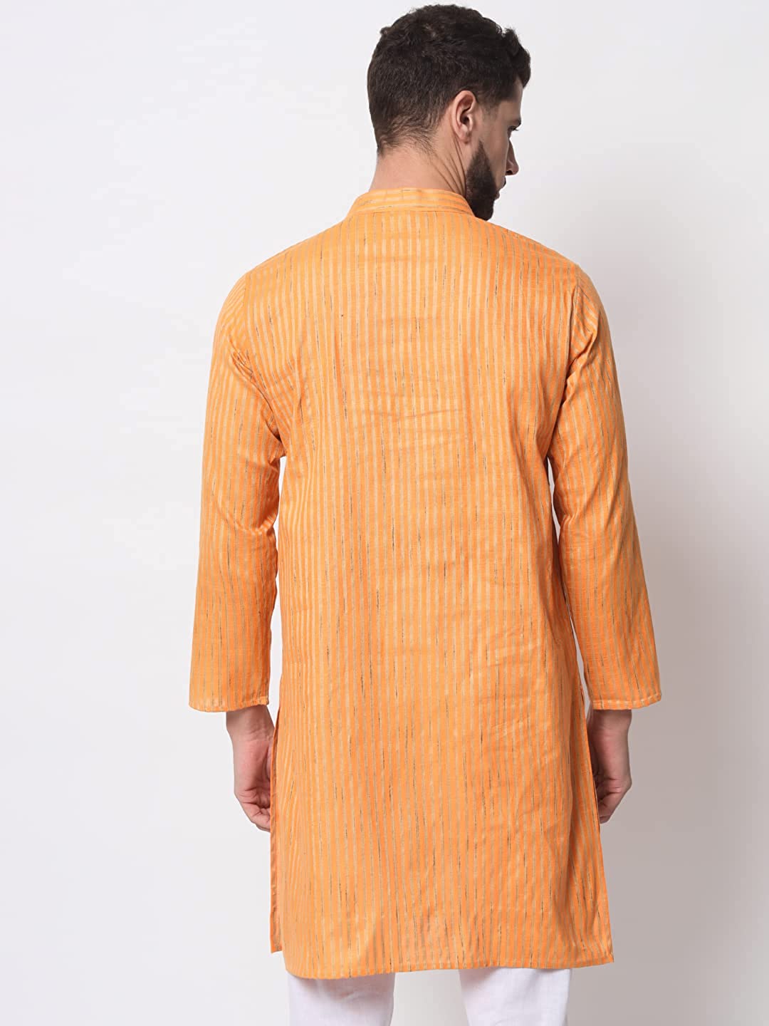 Vastraa Fusion Long Kurta For Men - South Cotton Golden Line Pattern Kurta