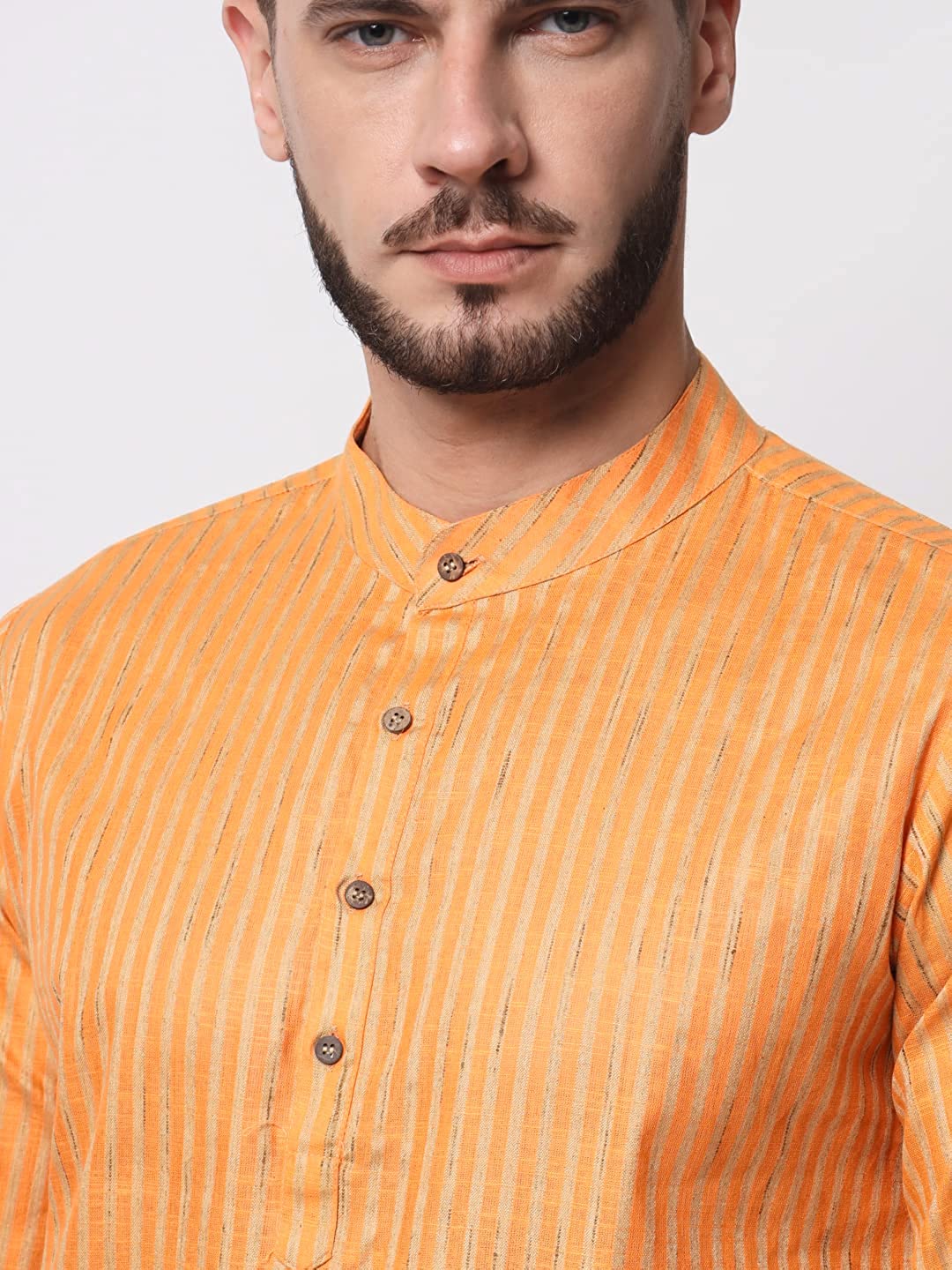 Vastraa Fusion Long Kurta For Men - South Cotton Golden Line Pattern Kurta