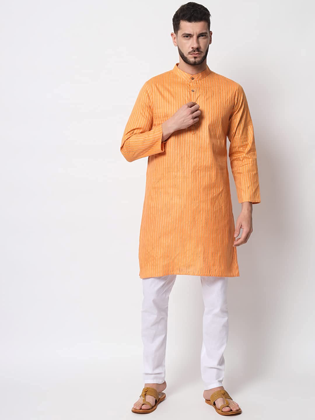 Vastraa Fusion Long Kurta For Men - South Cotton Golden Line Pattern Kurta