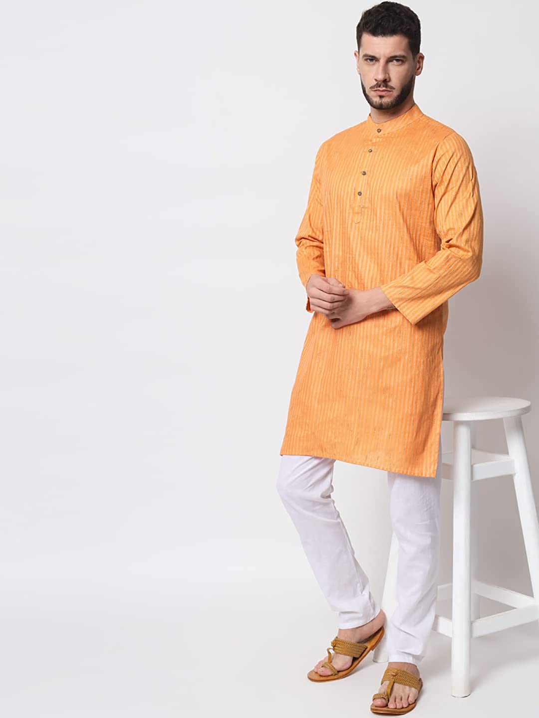 Vastraa Fusion Long Kurta For Men - South Cotton Golden Line Pattern Kurta