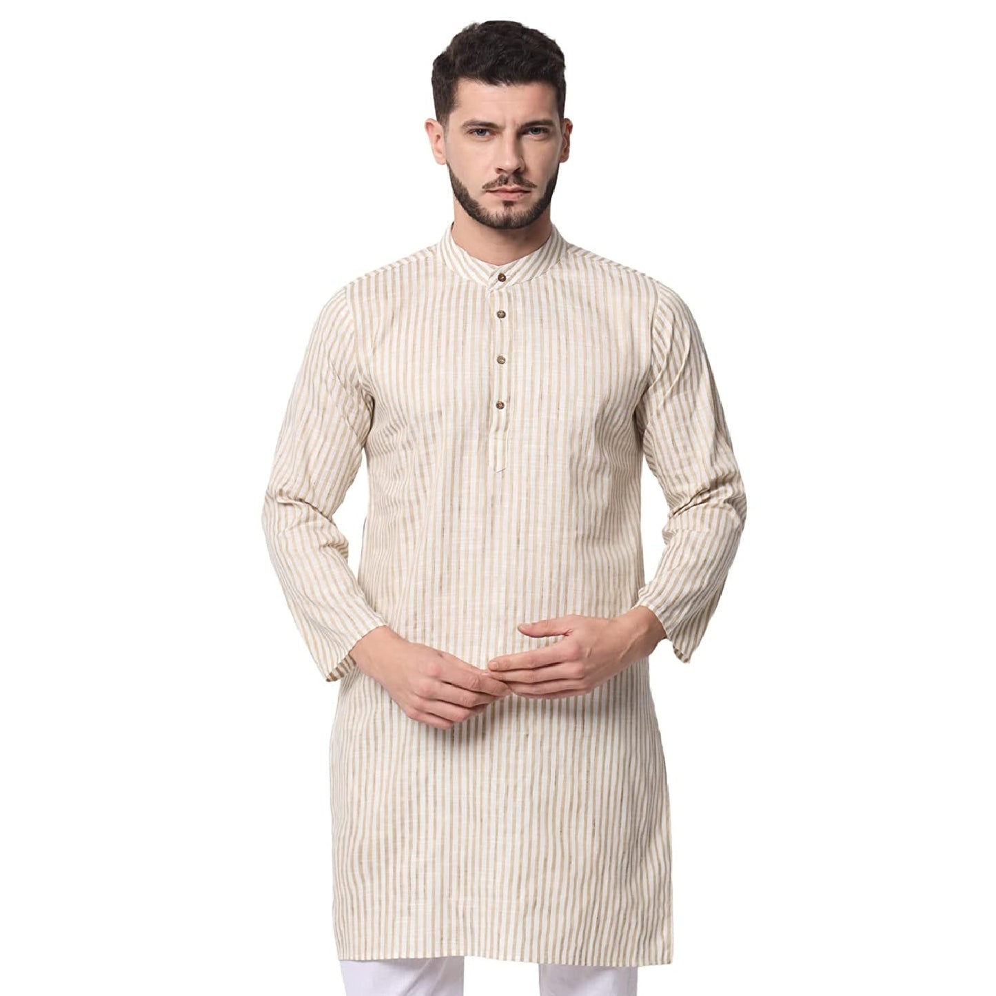 Vastraa Fusion Long Kurta For Men - South Cotton Golden Line Pattern Kurta