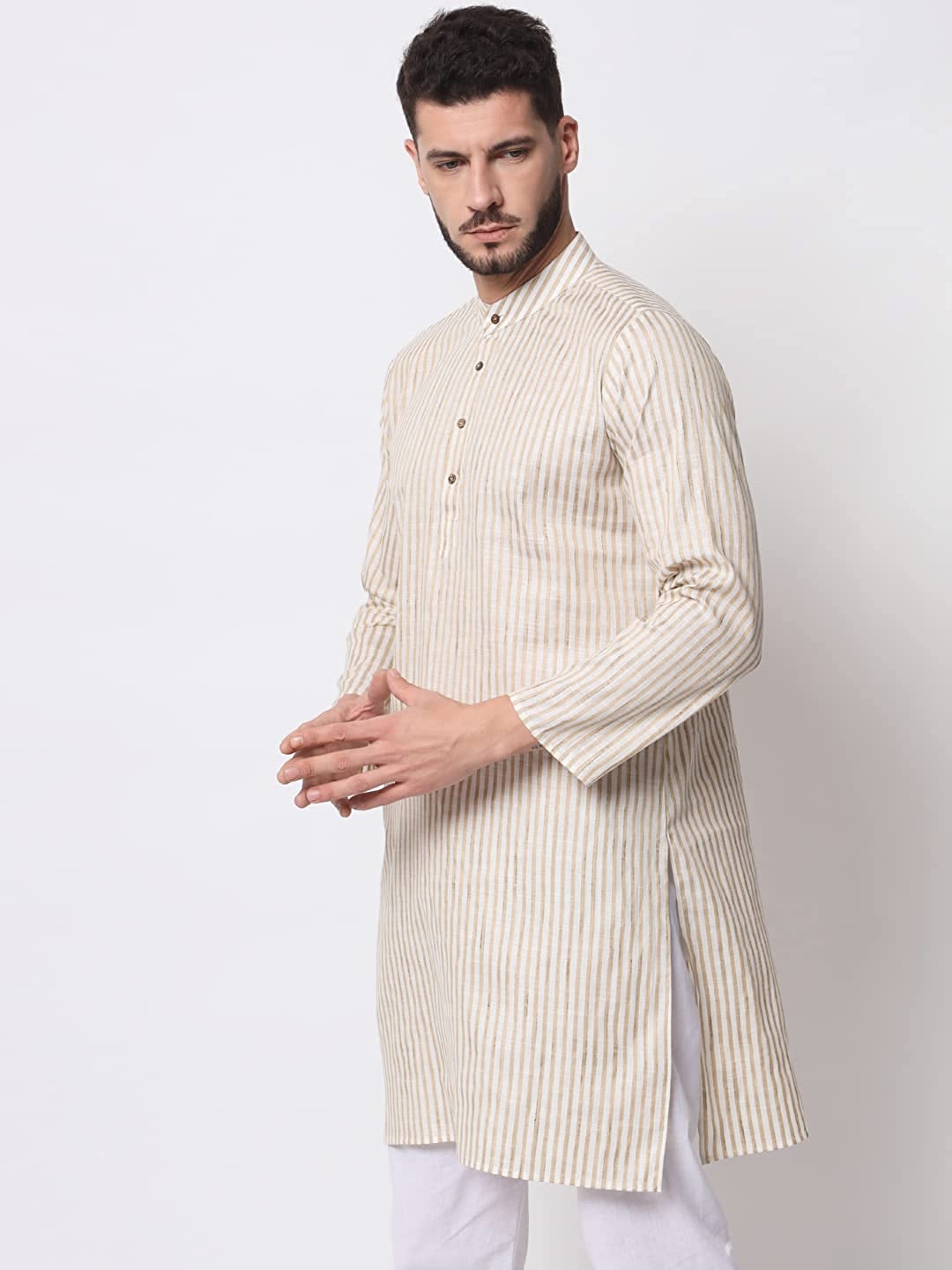 Vastraa Fusion Long Kurta For Men - South Cotton Golden Line Pattern Kurta