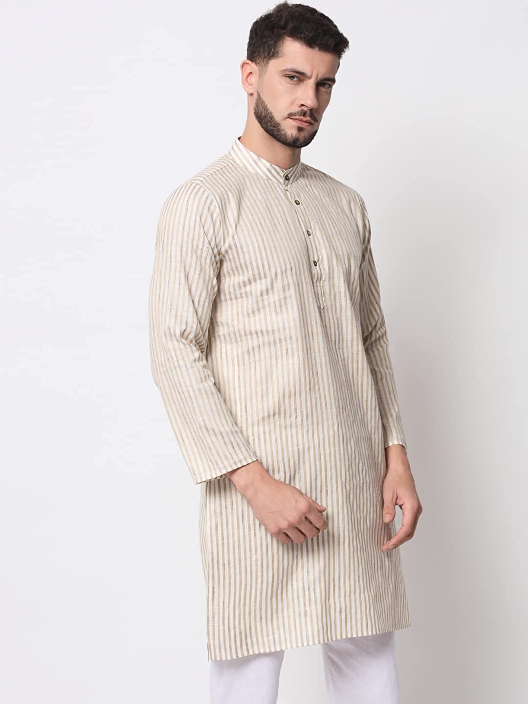 Vastraa Fusion Long Kurta For Men - South Cotton Golden Line Pattern Kurta