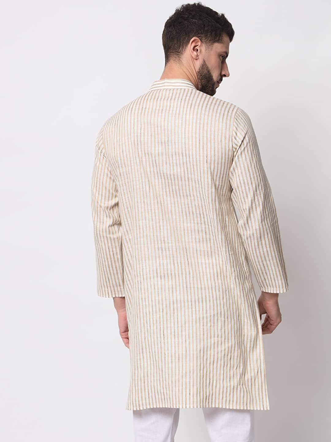 Vastraa Fusion Long Kurta For Men - South Cotton Golden Line Pattern Kurta