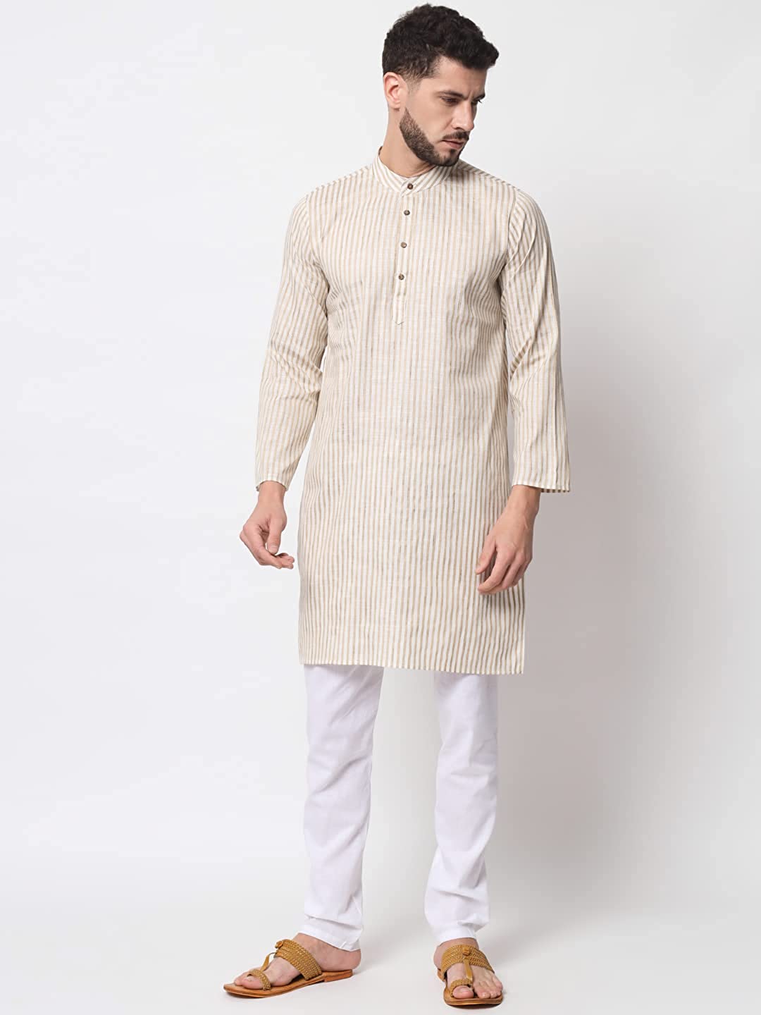 Vastraa Fusion Long Kurta For Men - South Cotton Golden Line Pattern Kurta