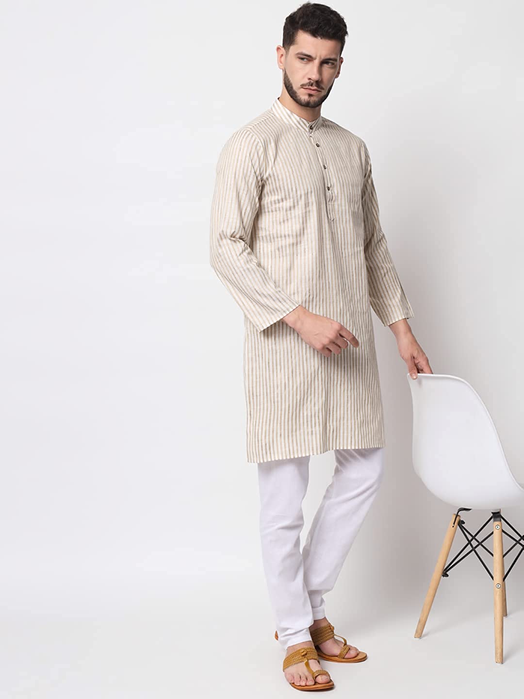 Vastraa Fusion Long Kurta For Men - South Cotton Golden Line Pattern Kurta