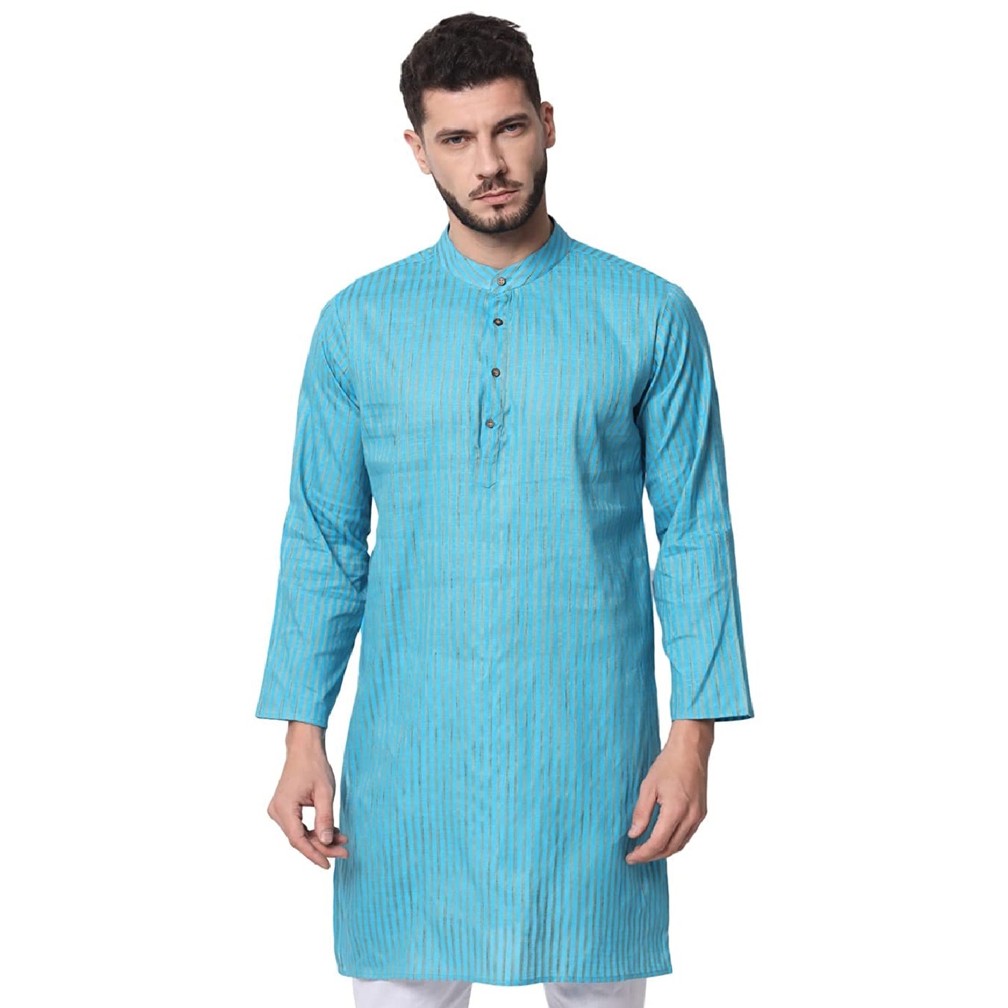 Vastraa Fusion Long Kurta For Men - South Cotton Golden Line Pattern Kurta