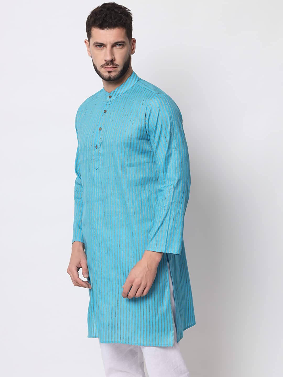 Vastraa Fusion Long Kurta For Men - South Cotton Golden Line Pattern Kurta