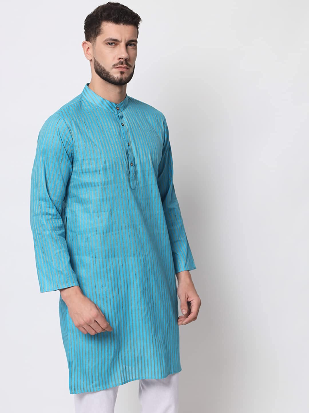 Vastraa Fusion Long Kurta For Men - South Cotton Golden Line Pattern Kurta