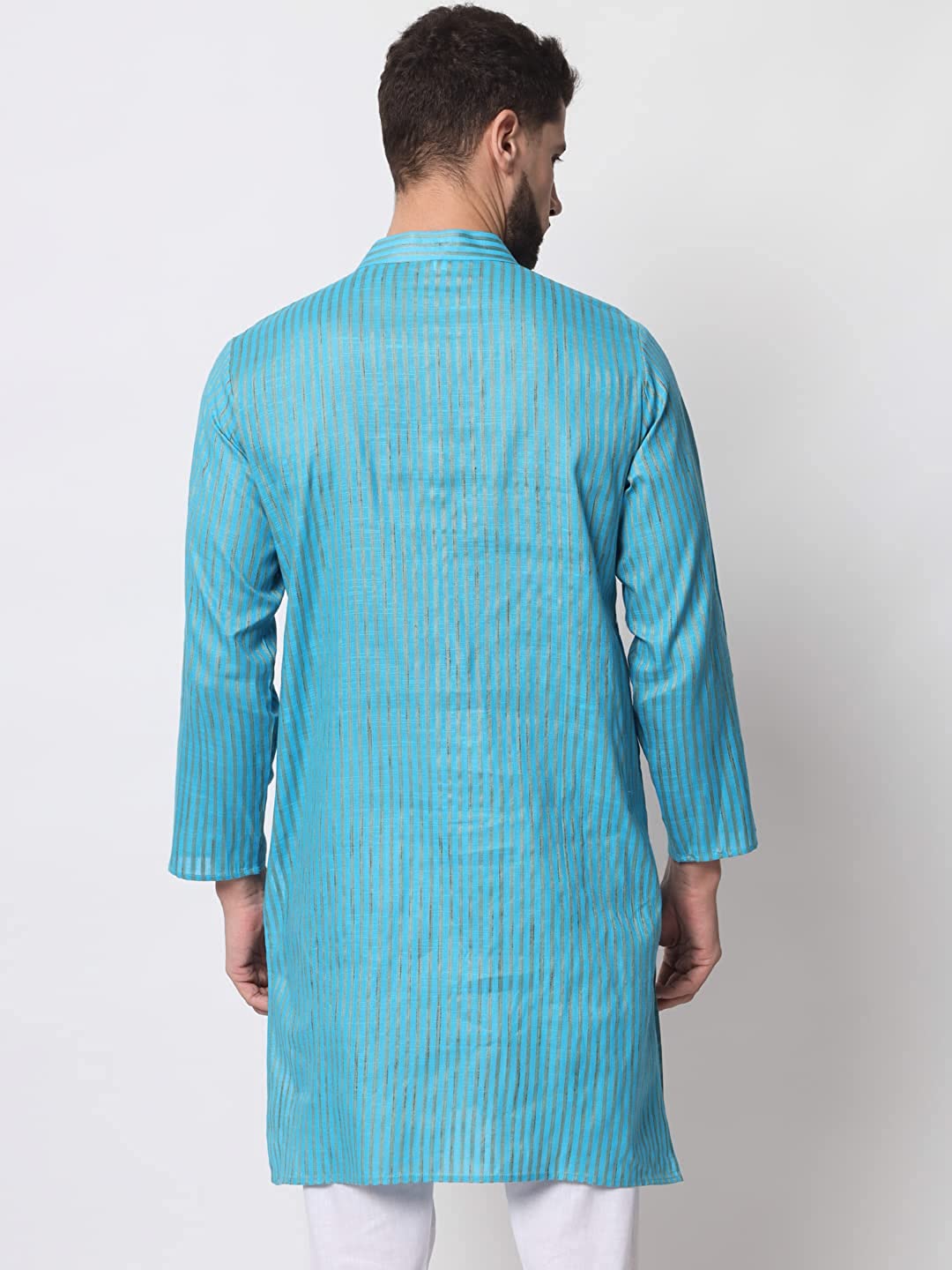 Vastraa Fusion Long Kurta For Men - South Cotton Golden Line Pattern Kurta