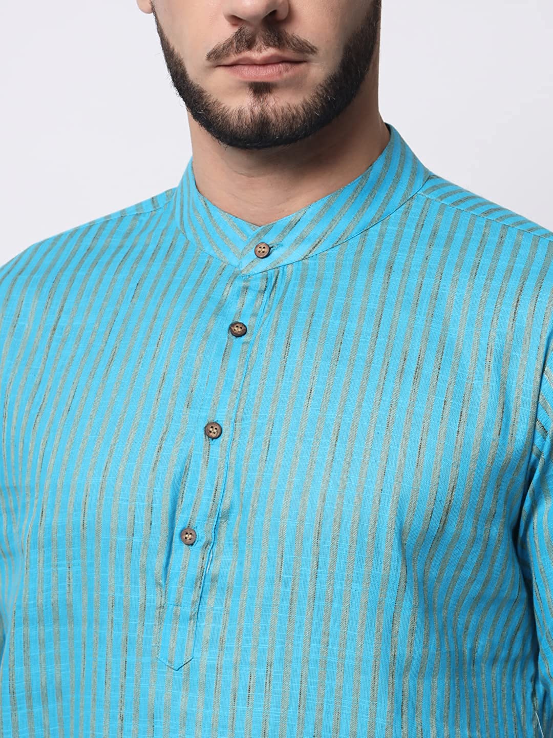 Vastraa Fusion Long Kurta For Men - South Cotton Golden Line Pattern Kurta