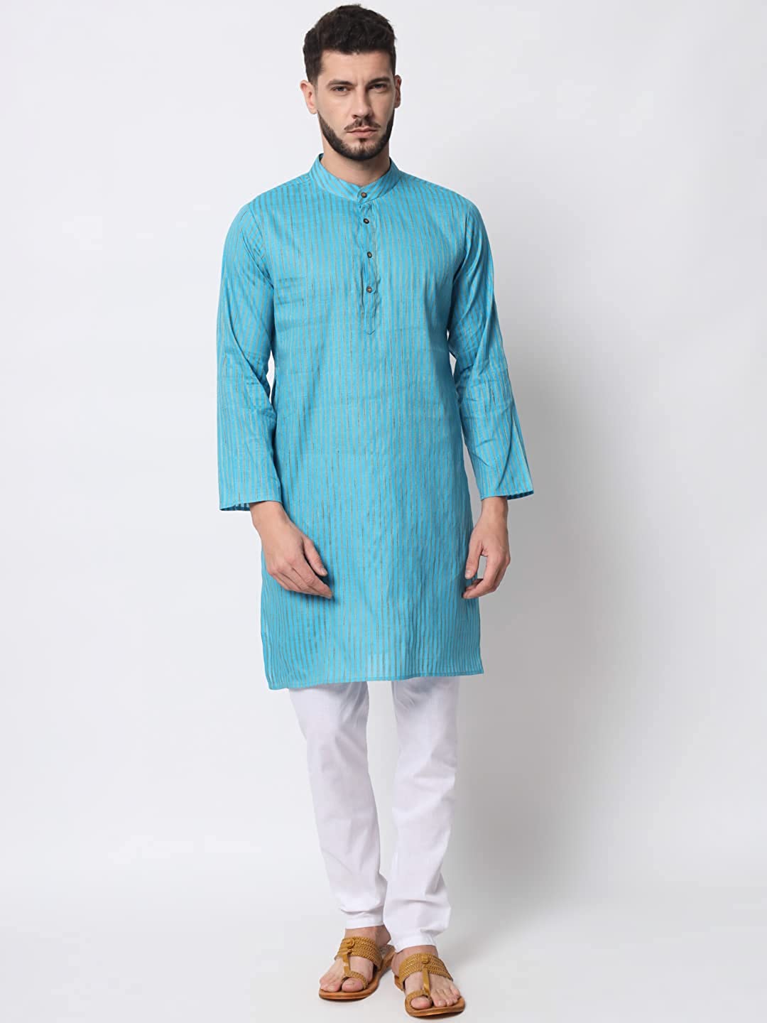 Vastraa Fusion Long Kurta For Men - South Cotton Golden Line Pattern Kurta