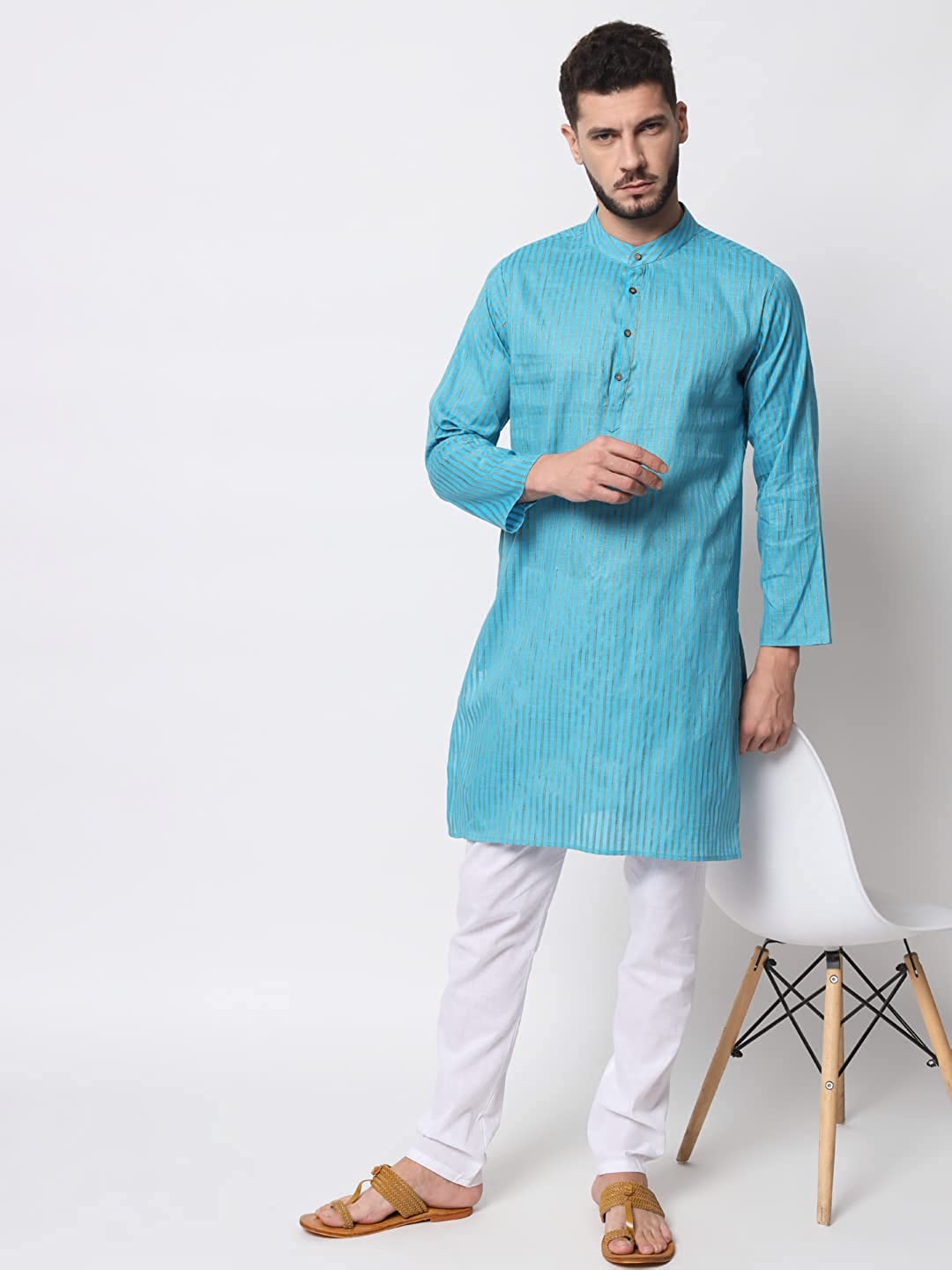 Vastraa Fusion Long Kurta For Men - South Cotton Golden Line Pattern Kurta