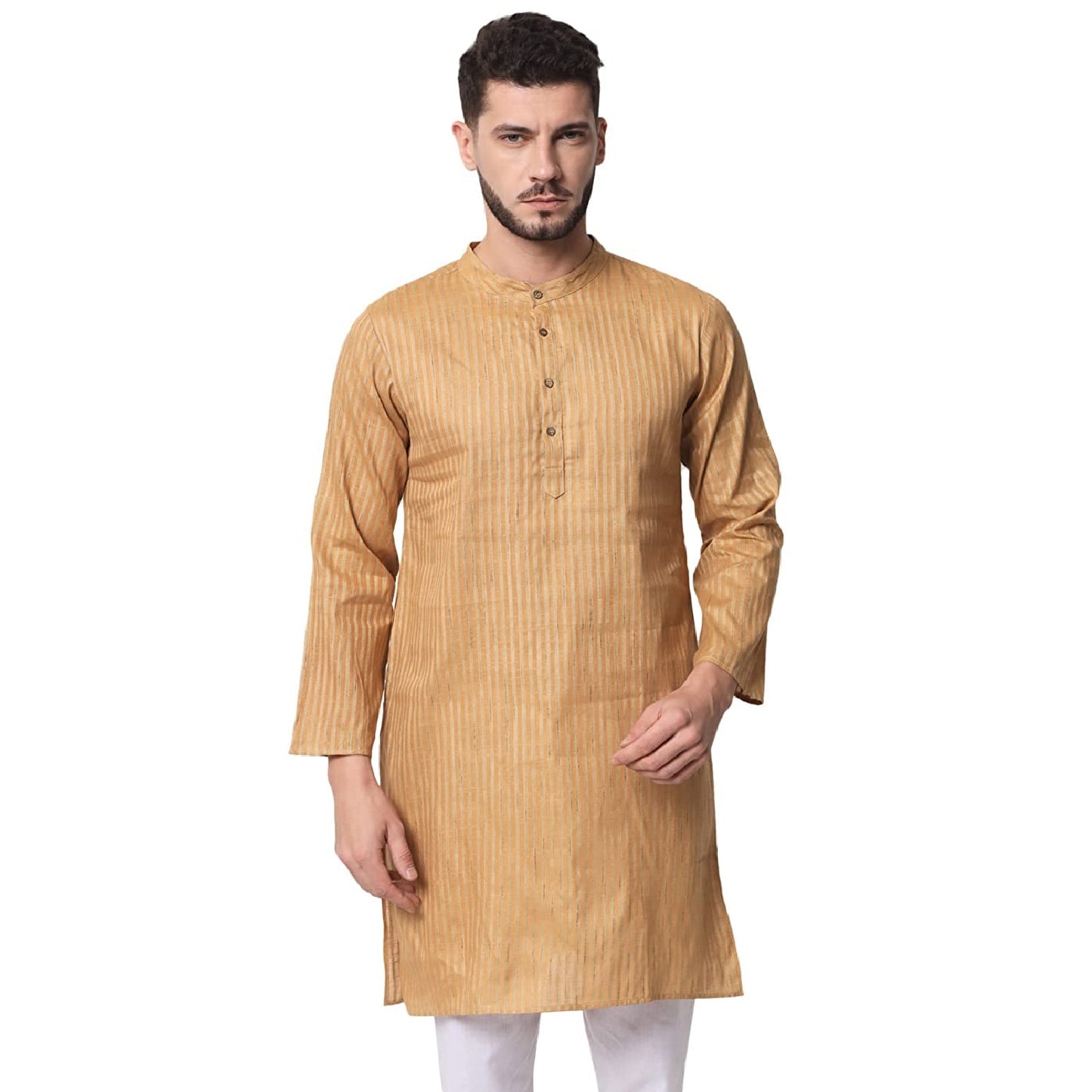 Vastraa Fusion Long Kurta For Men - South Cotton Golden Line Pattern Kurta