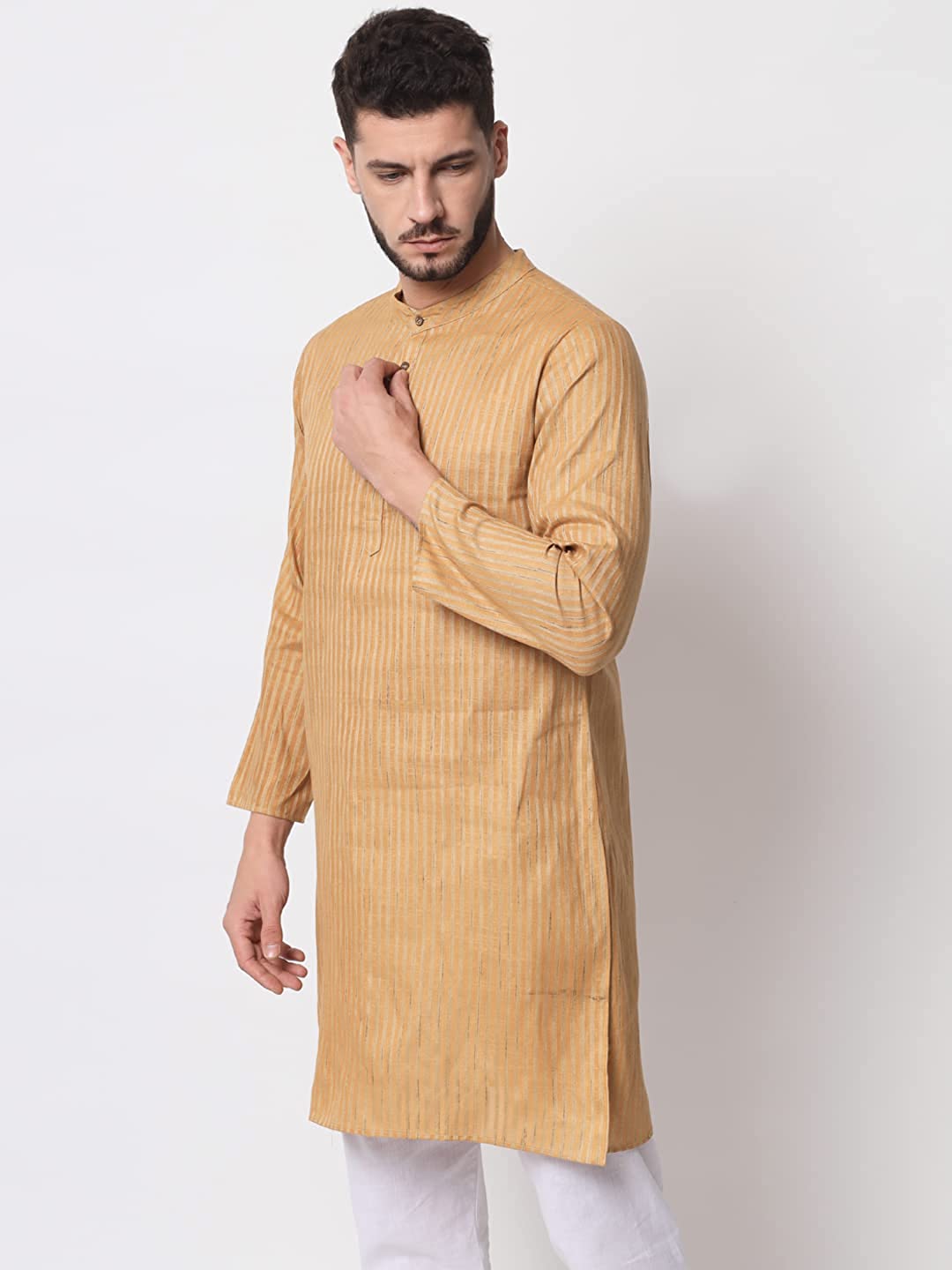 Vastraa Fusion Long Kurta For Men - South Cotton Golden Line Pattern Kurta