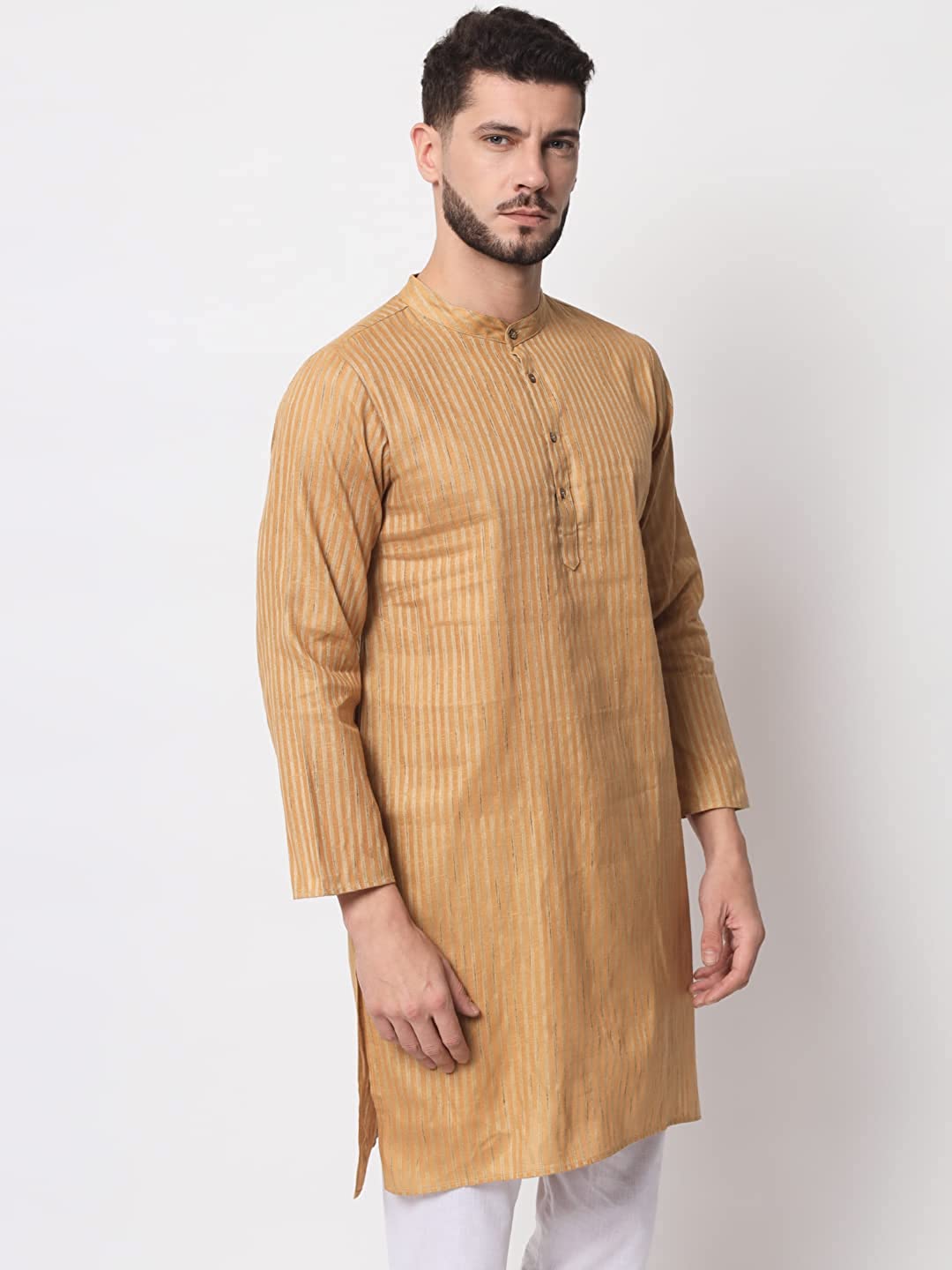 Vastraa Fusion Long Kurta For Men - South Cotton Golden Line Pattern Kurta