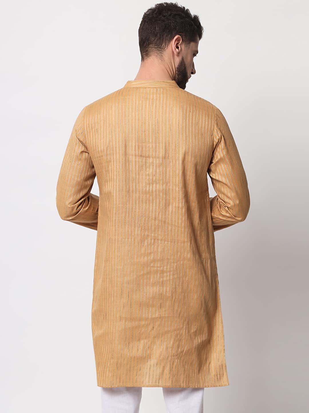 Vastraa Fusion Long Kurta For Men - South Cotton Golden Line Pattern Kurta