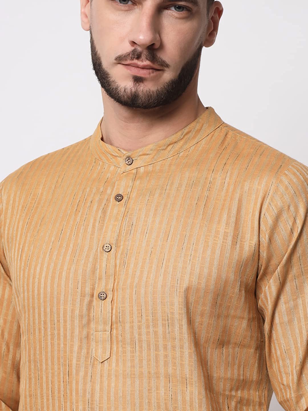 Vastraa Fusion Long Kurta For Men - South Cotton Golden Line Pattern Kurta