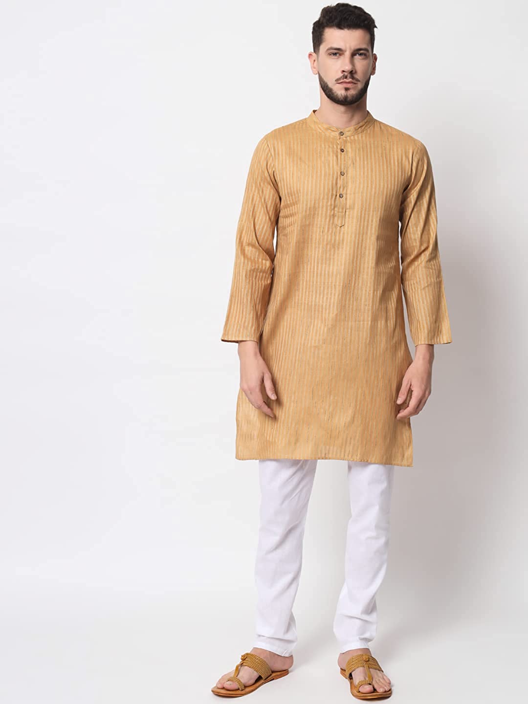 Vastraa Fusion Long Kurta For Men - South Cotton Golden Line Pattern Kurta