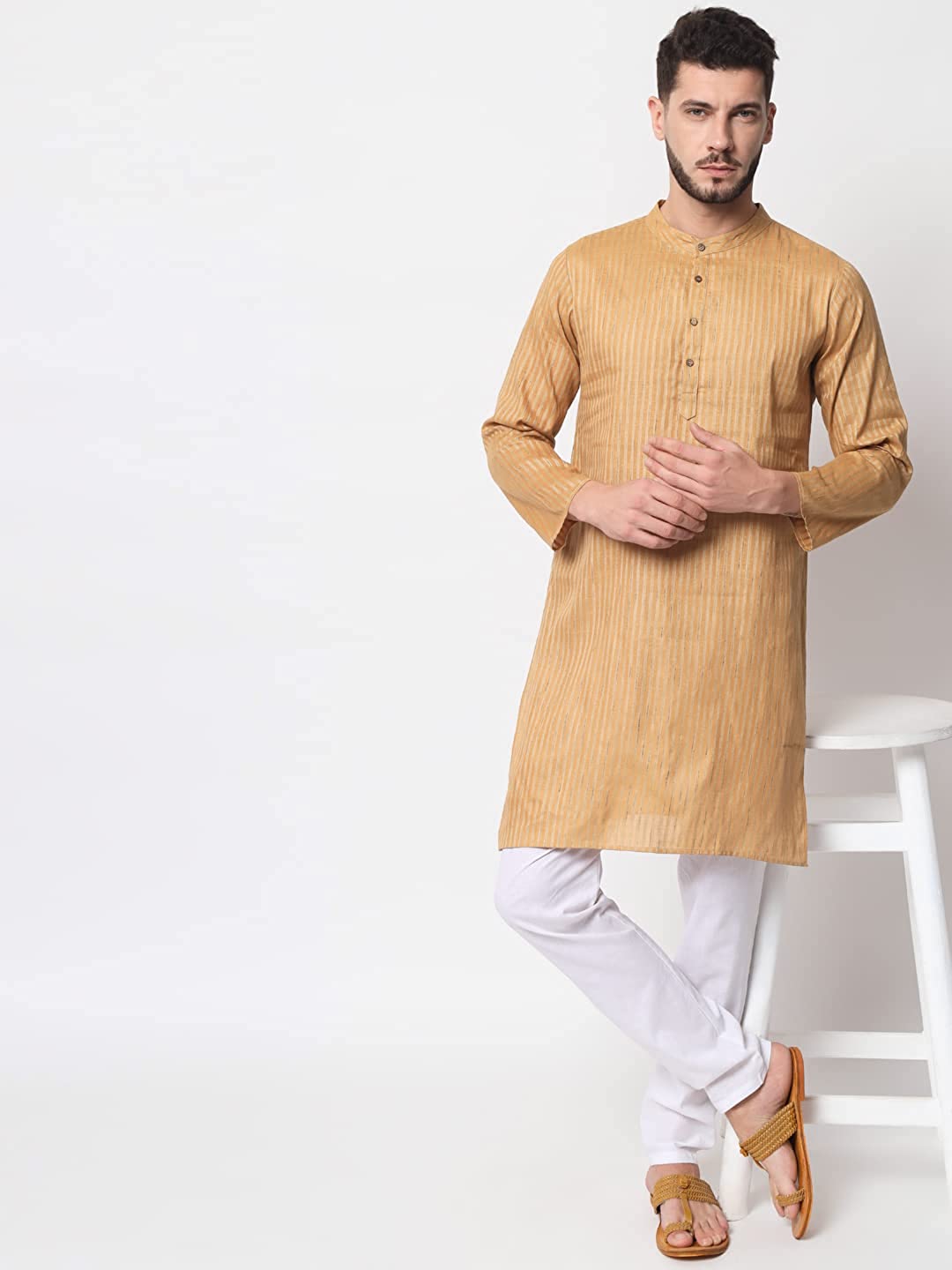 Vastraa Fusion Long Kurta For Men - South Cotton Golden Line Pattern Kurta