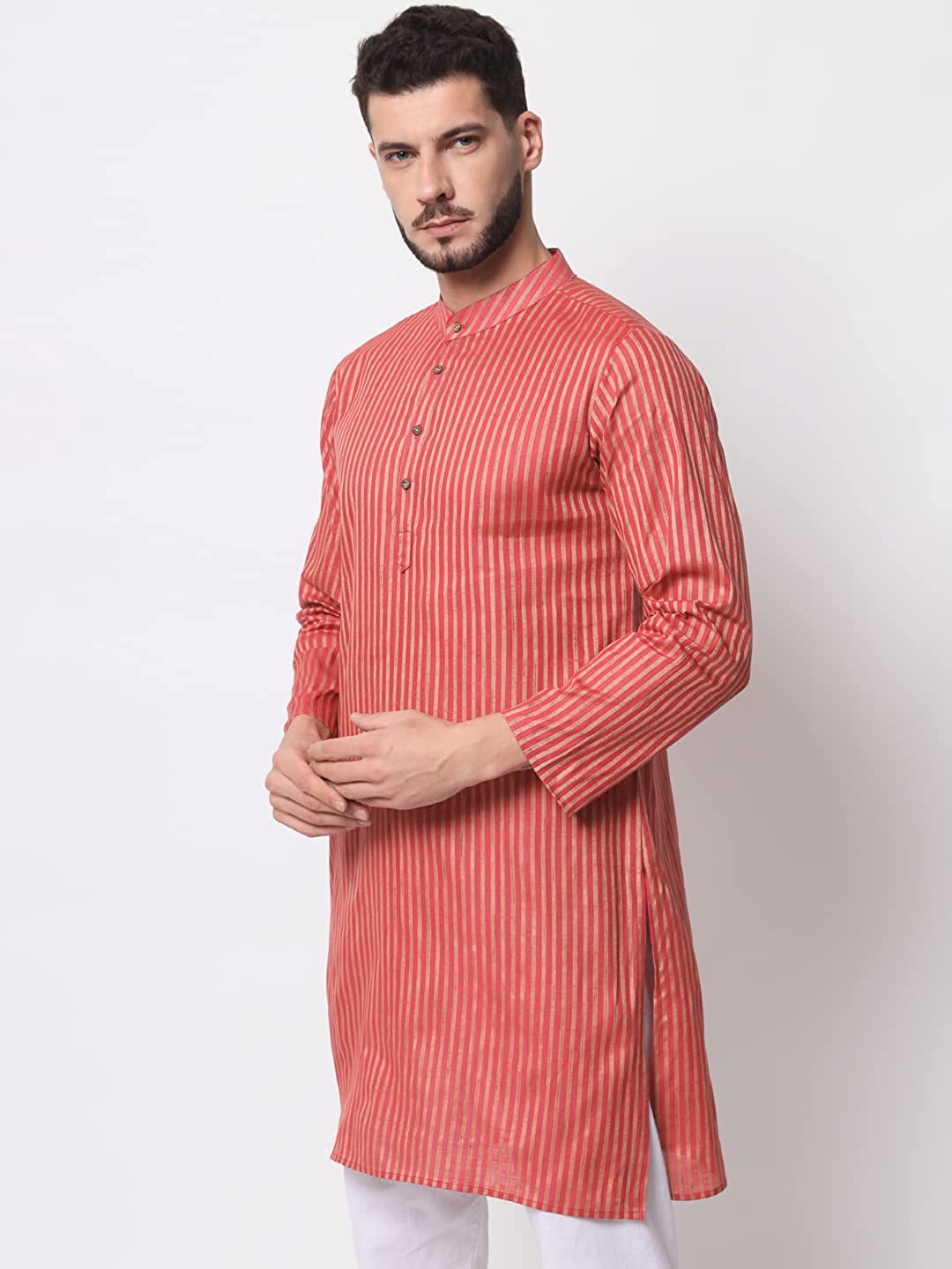 Vastraa Fusion Long Kurta For Men - South Cotton Golden Line Pattern Kurta