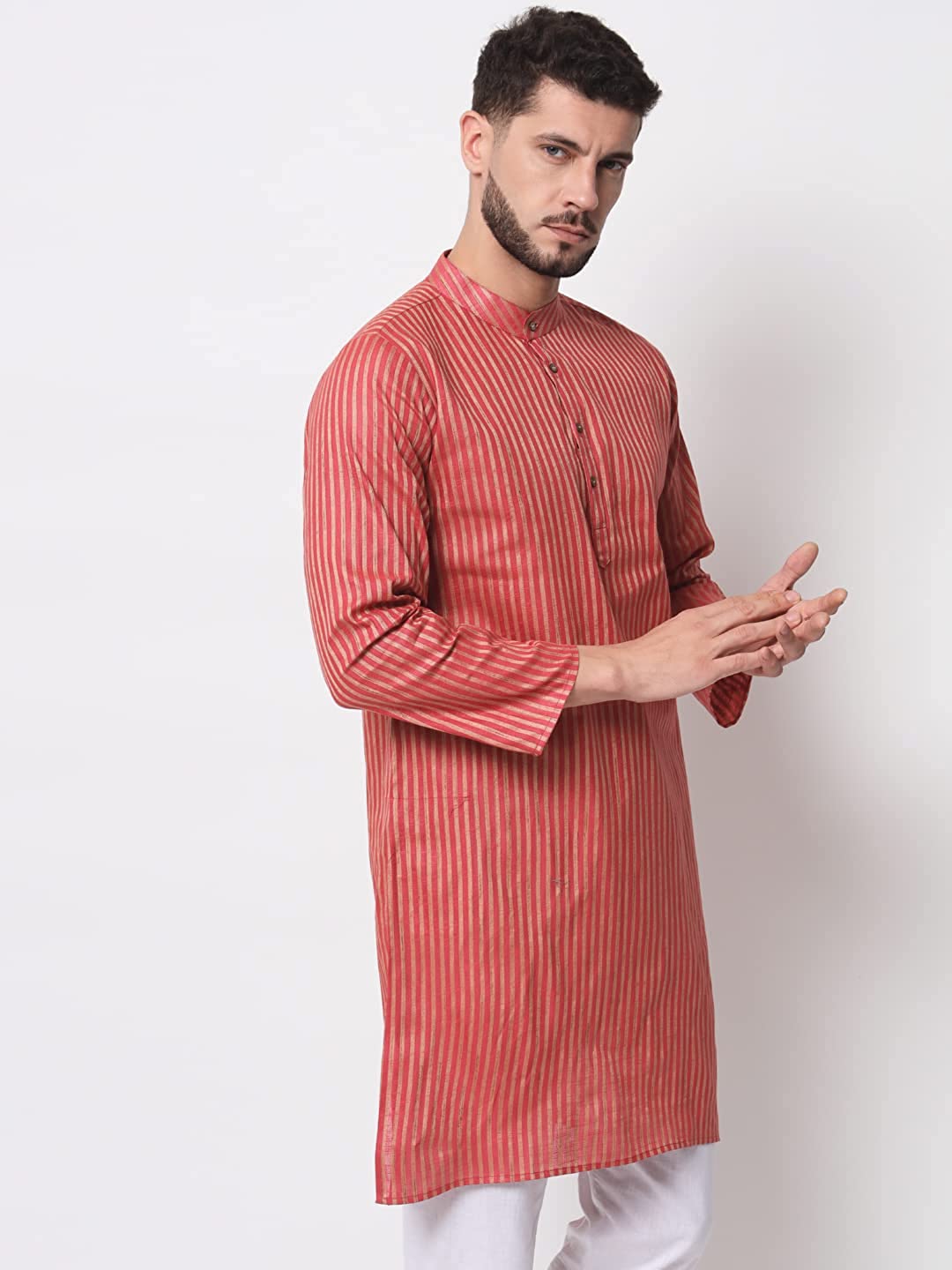 Vastraa Fusion Long Kurta For Men - South Cotton Golden Line Pattern Kurta