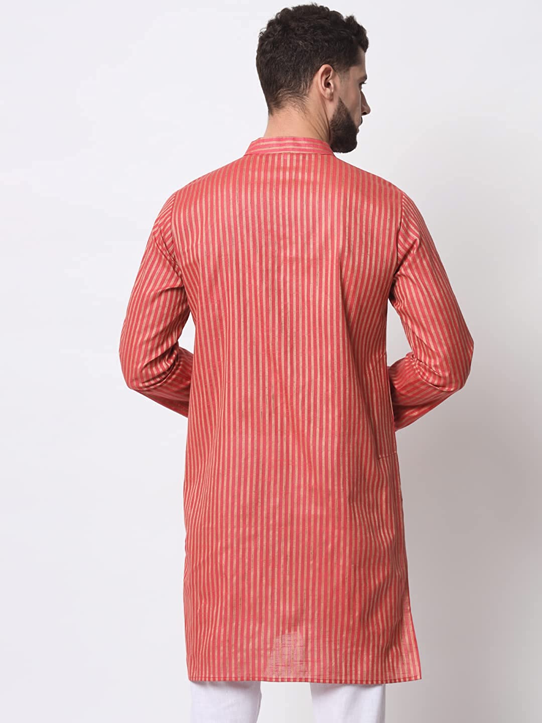 Vastraa Fusion Long Kurta For Men - South Cotton Golden Line Pattern Kurta