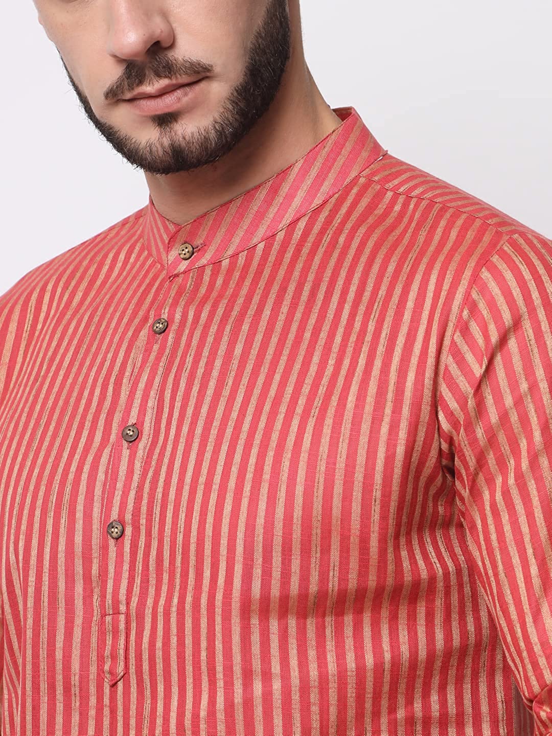 Vastraa Fusion Long Kurta For Men - South Cotton Golden Line Pattern Kurta