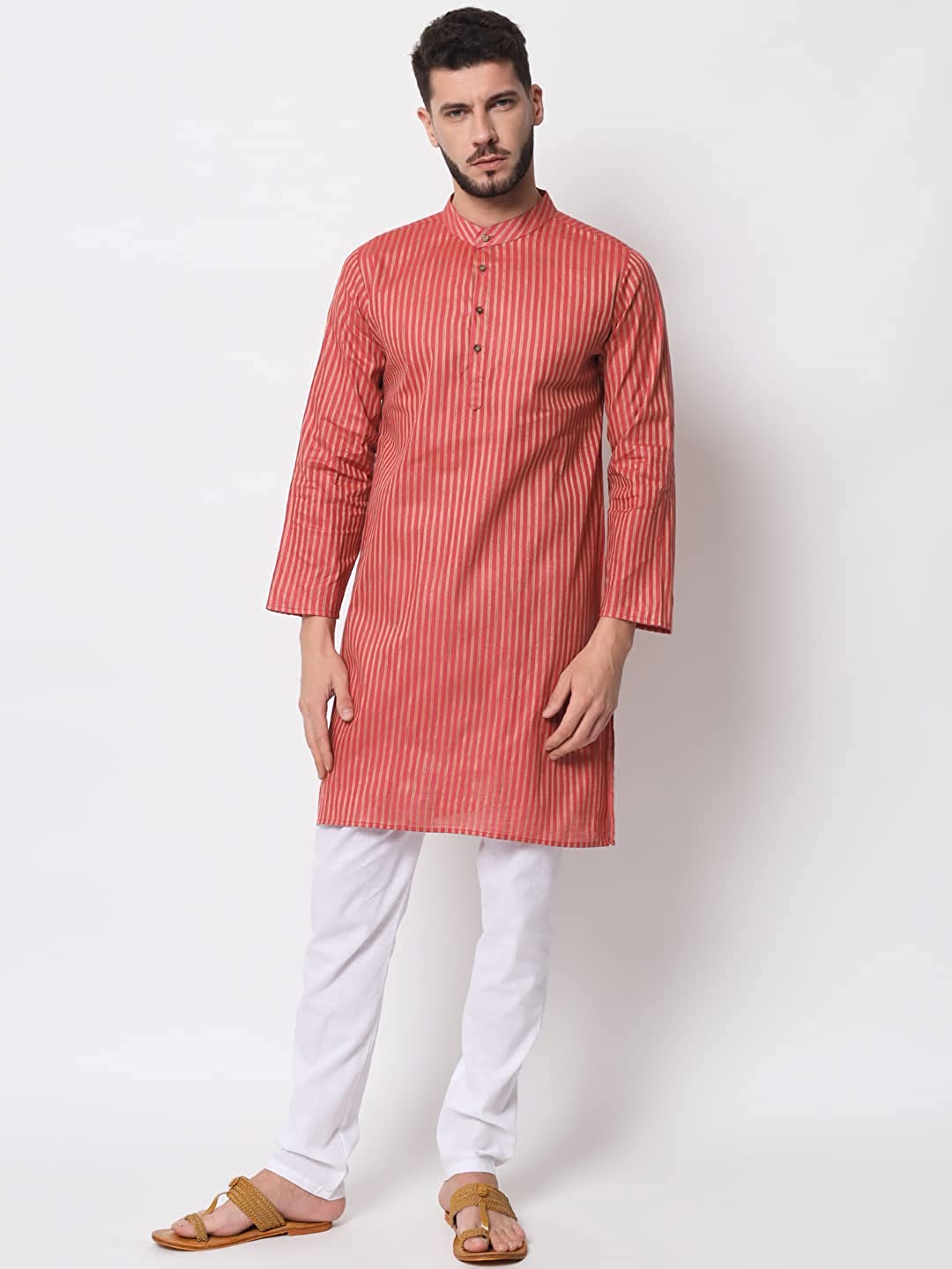 Vastraa Fusion Long Kurta For Men - South Cotton Golden Line Pattern Kurta