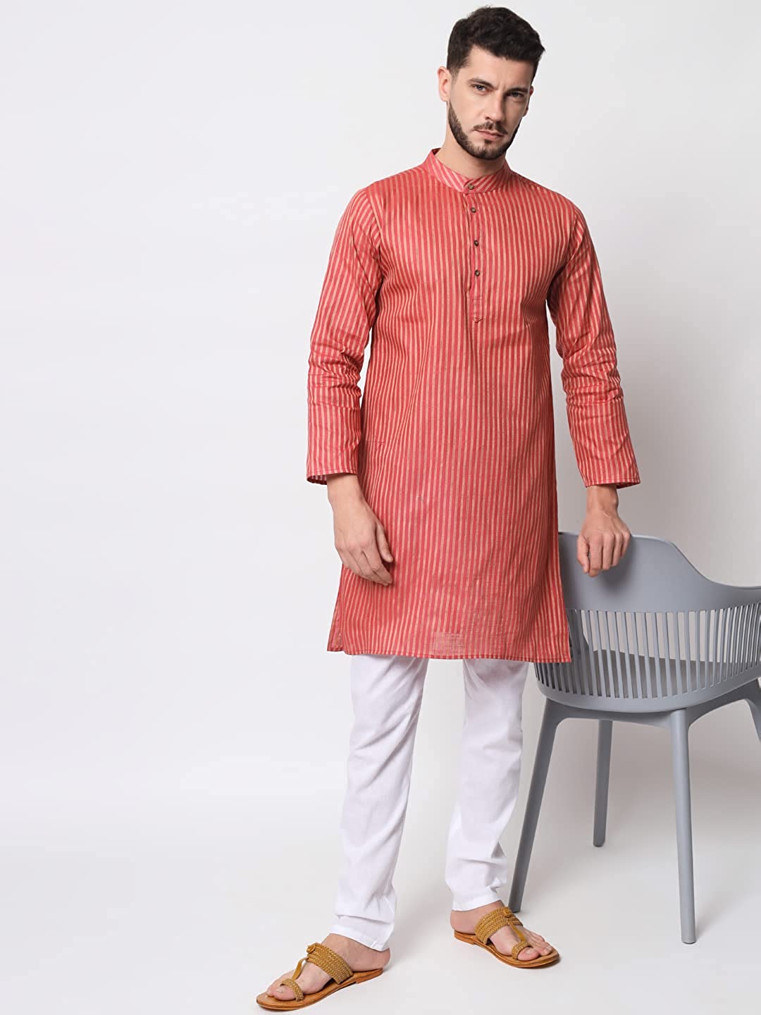 Vastraa Fusion Long Kurta For Men - South Cotton Golden Line Pattern Kurta