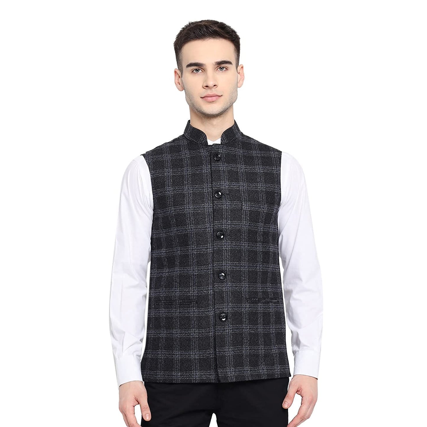 Vastraa Fusion Modi Jacket Waistcoat Checks Pattern Woolen Nehru Jacket