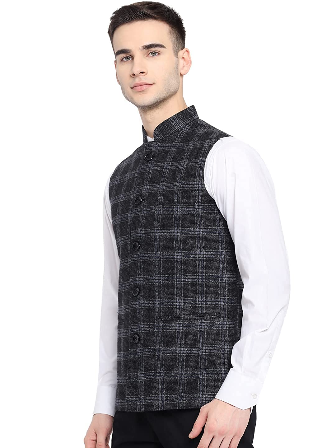 Vastraa Fusion Modi Jacket Waistcoat Checks Pattern Woolen Nehru Jacket