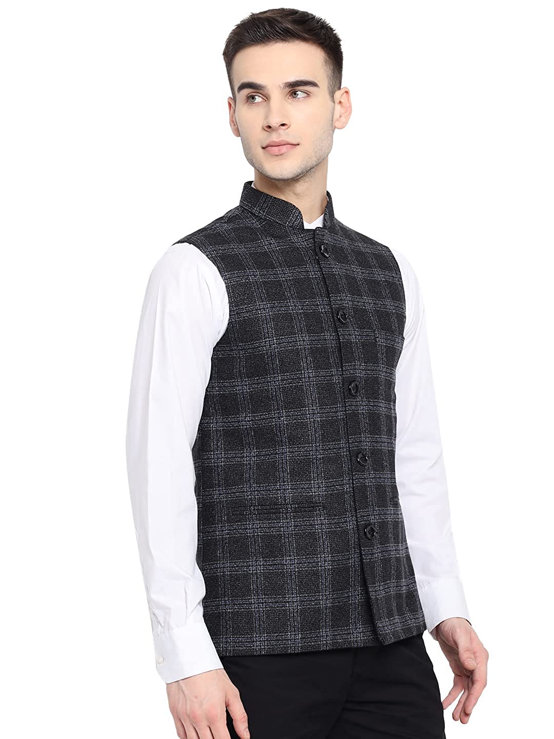 Vastraa Fusion Modi Jacket Waistcoat Checks Pattern Woolen Nehru Jacket
