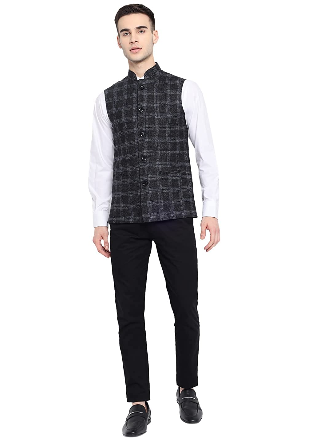 Vastraa Fusion Modi Jacket Waistcoat Checks Pattern Woolen Nehru Jacket