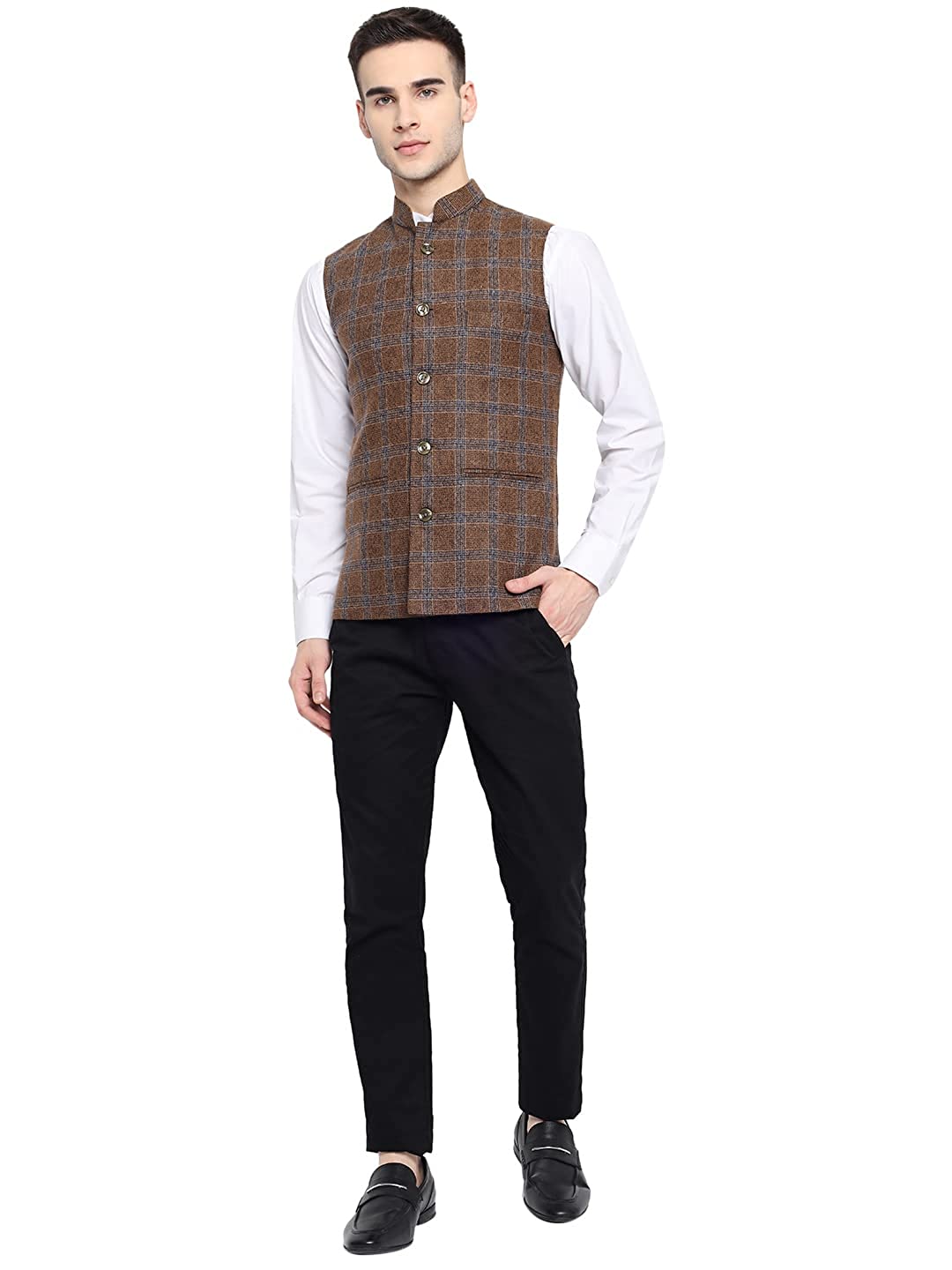 Vastraa Fusion Modi Jacket Waistcoat Checks Pattern Woolen Nehru Jacket