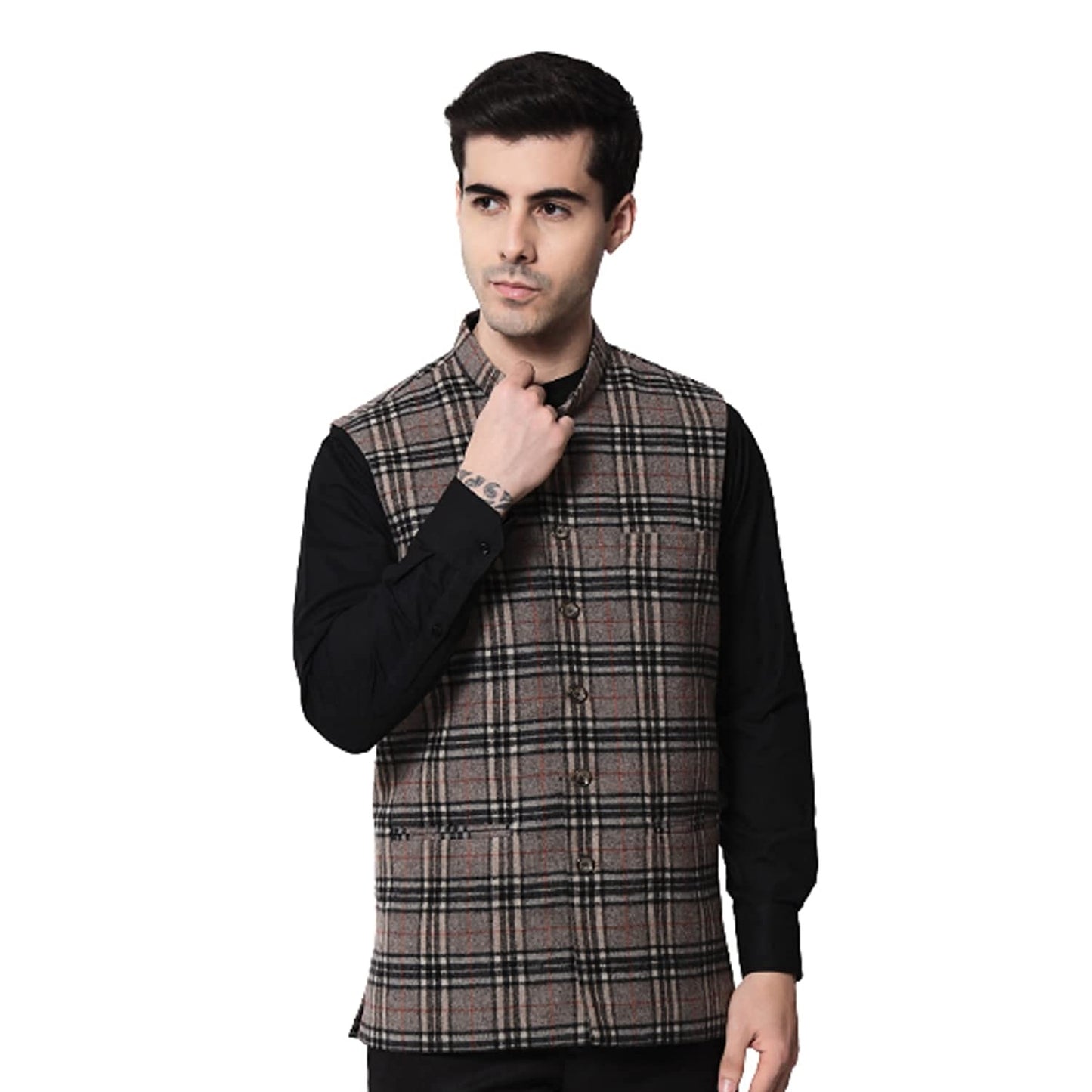 Vastraa Fusion Modi Jacket Waistcoat Checks Pattern Woolen Nehru Jacket