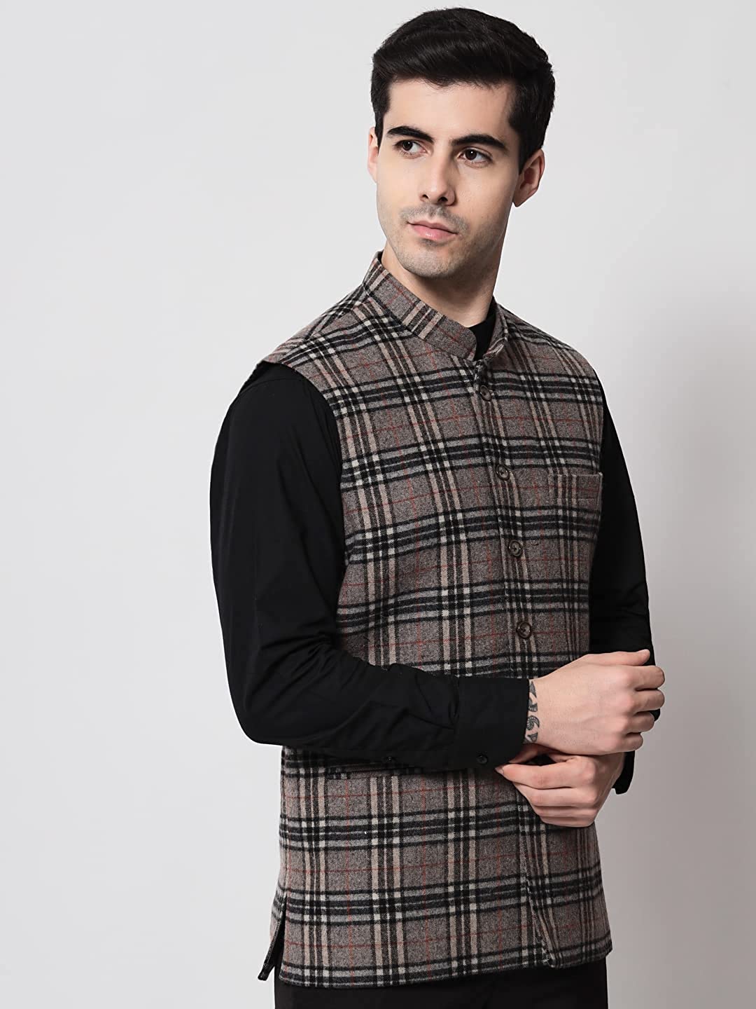 Vastraa Fusion Modi Jacket Waistcoat Checks Pattern Woolen Nehru Jacket