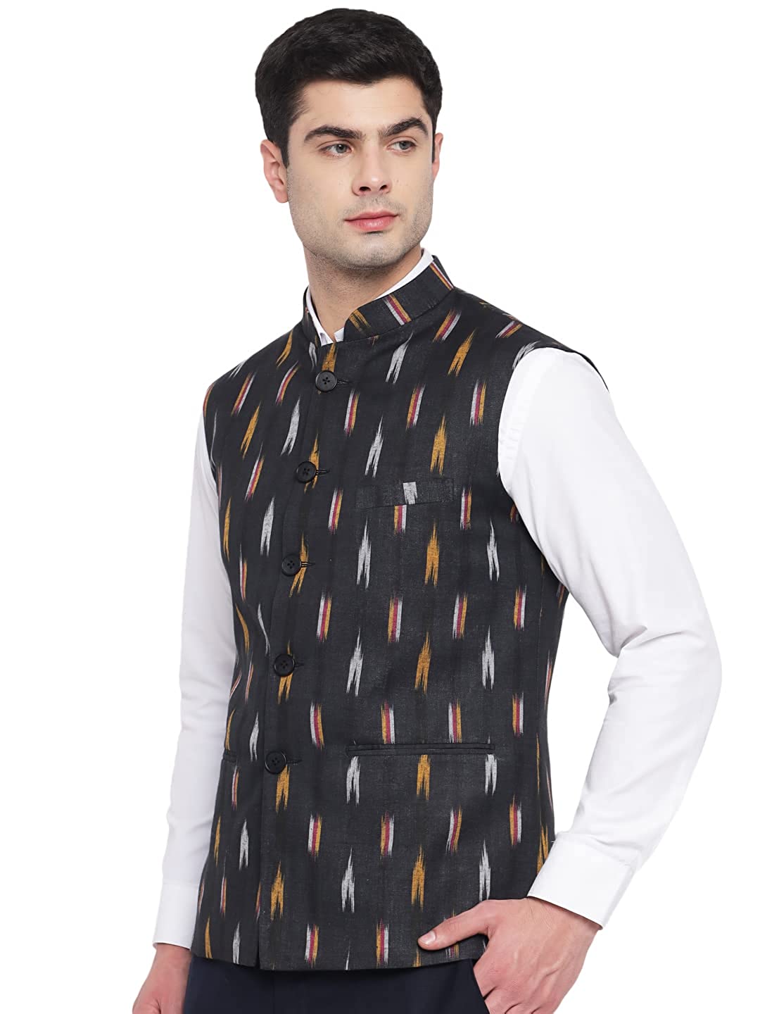 Vastraa Fusion Modi Jacket / Waistcoat - Khadi Look in Mix Ikat Patterns - South Cotton Nehru Jacket