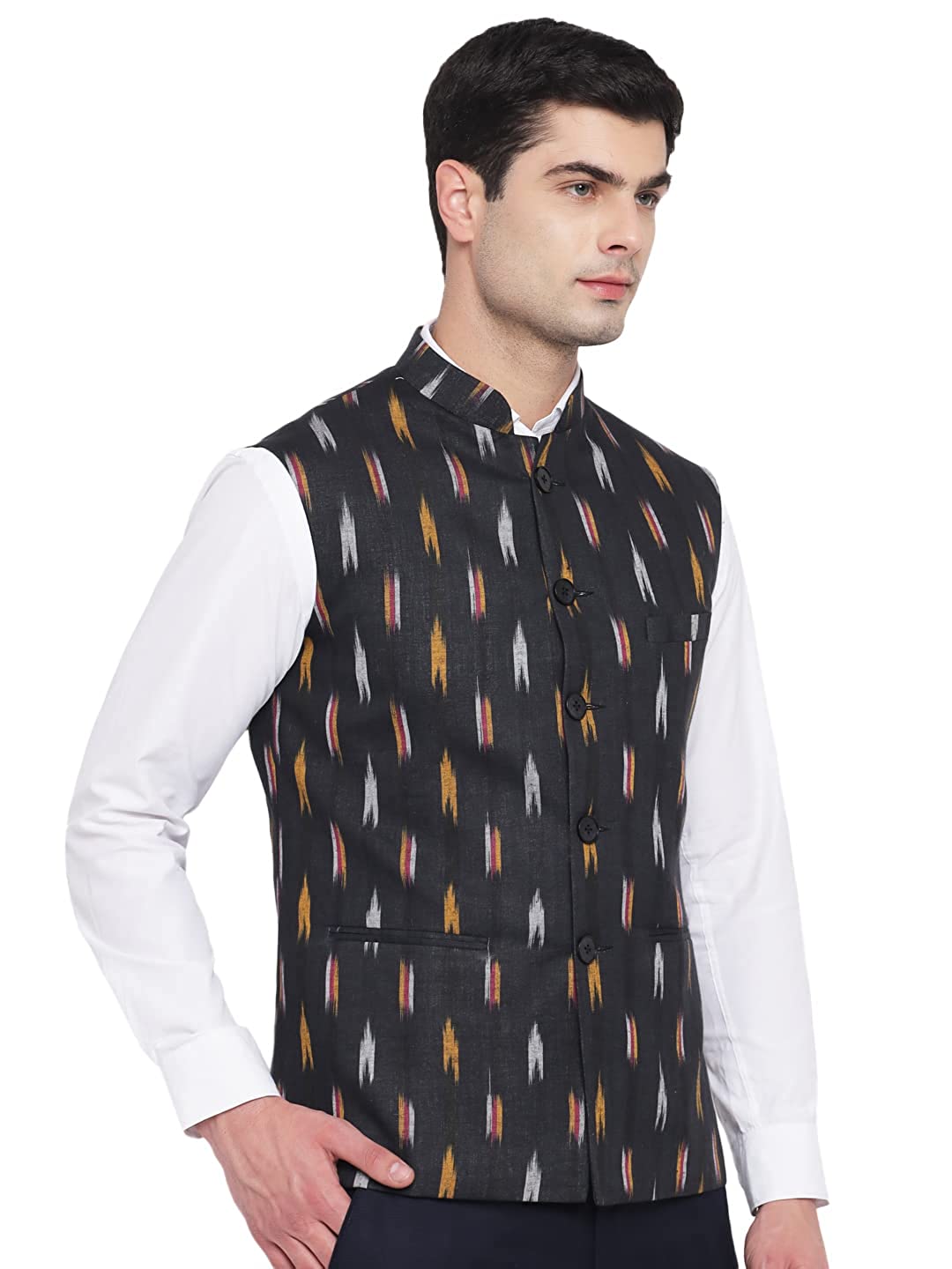 Vastraa Fusion Modi Jacket / Waistcoat - Khadi Look in Mix Ikat Patterns - South Cotton Nehru Jacket