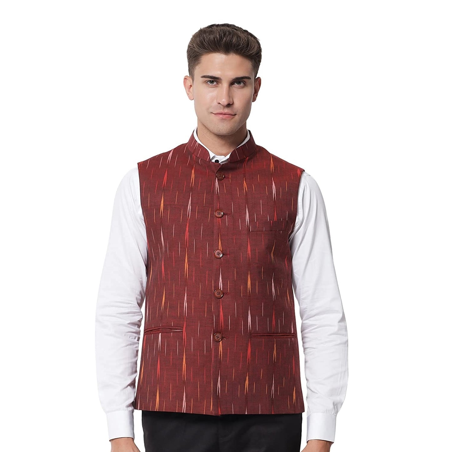 Vastraa Fusion Modi Jacket / Waistcoat - Khadi Look in Mix Ikat Patterns - South Cotton Nehru Jacket