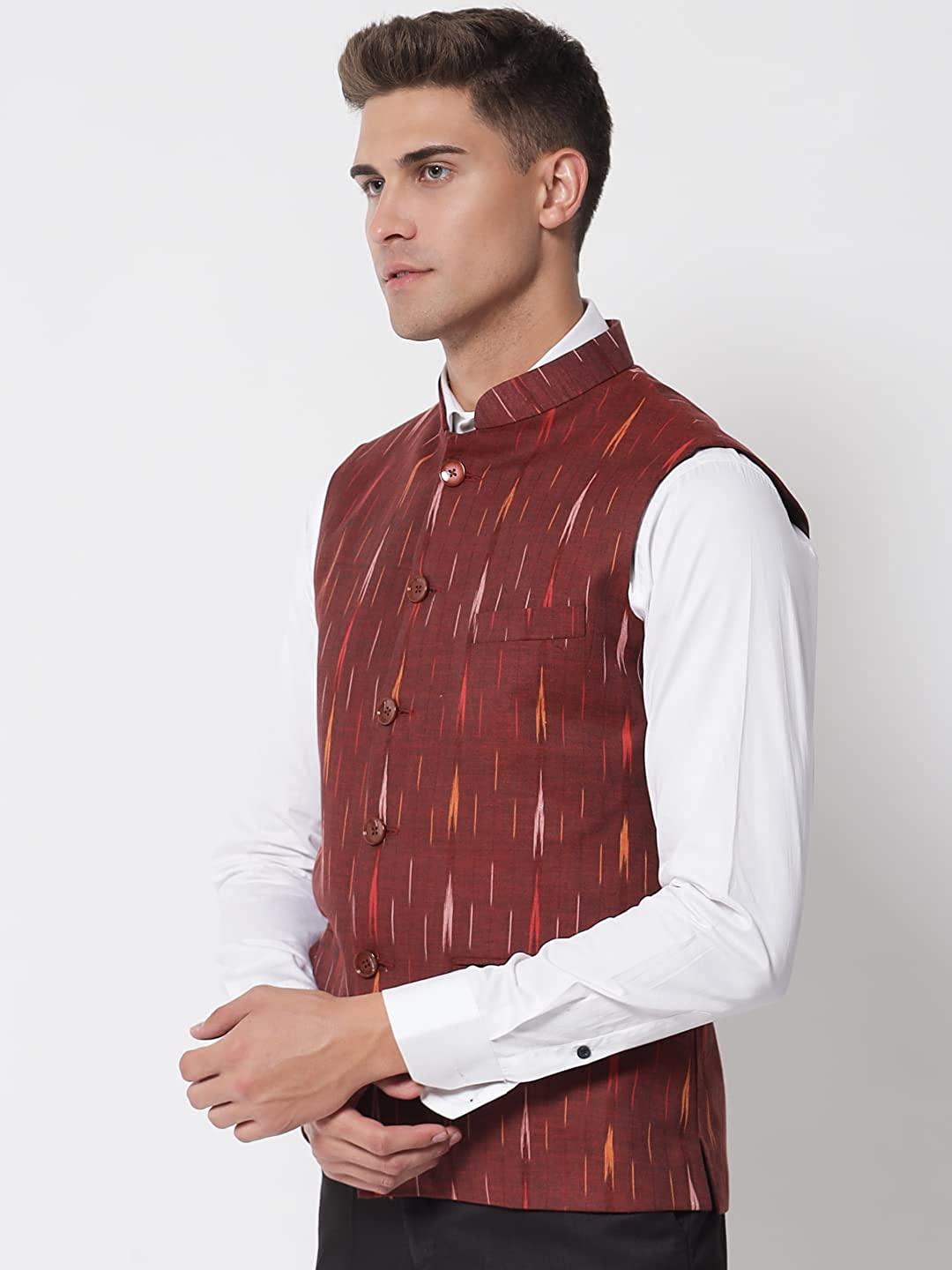 Vastraa Fusion Modi Jacket / Waistcoat - Khadi Look in Mix Ikat Patterns - South Cotton Nehru Jacket