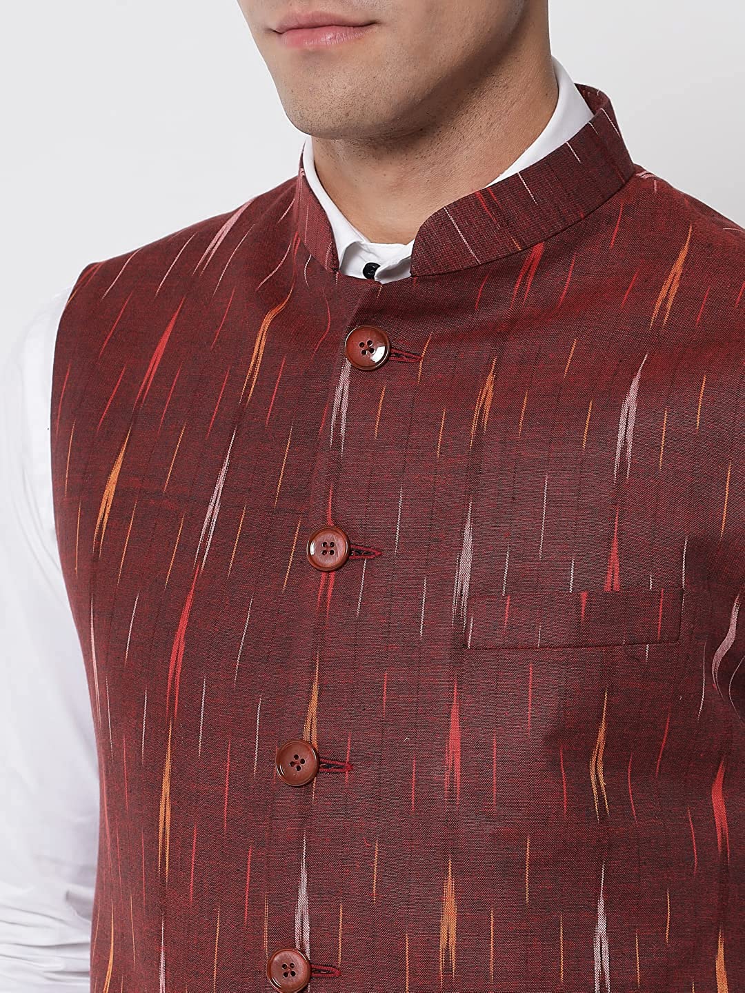 Vastraa Fusion Modi Jacket / Waistcoat - Khadi Look in Mix Ikat Patterns - South Cotton Nehru Jacket